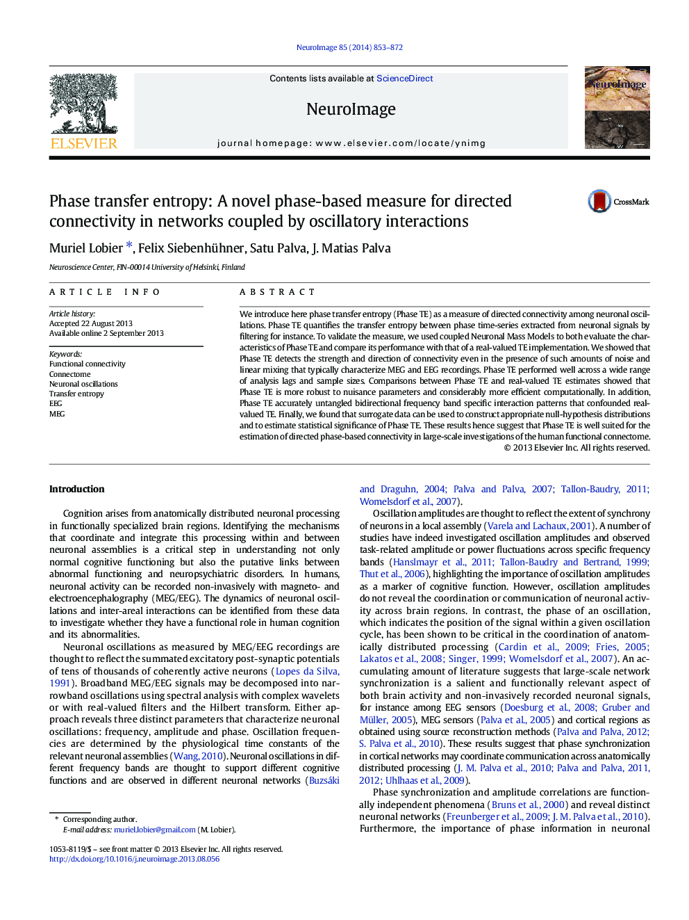 Phase transfer entropy: A novel phase-based measure for directed connectivity in networks coupled by oscillatory interactions