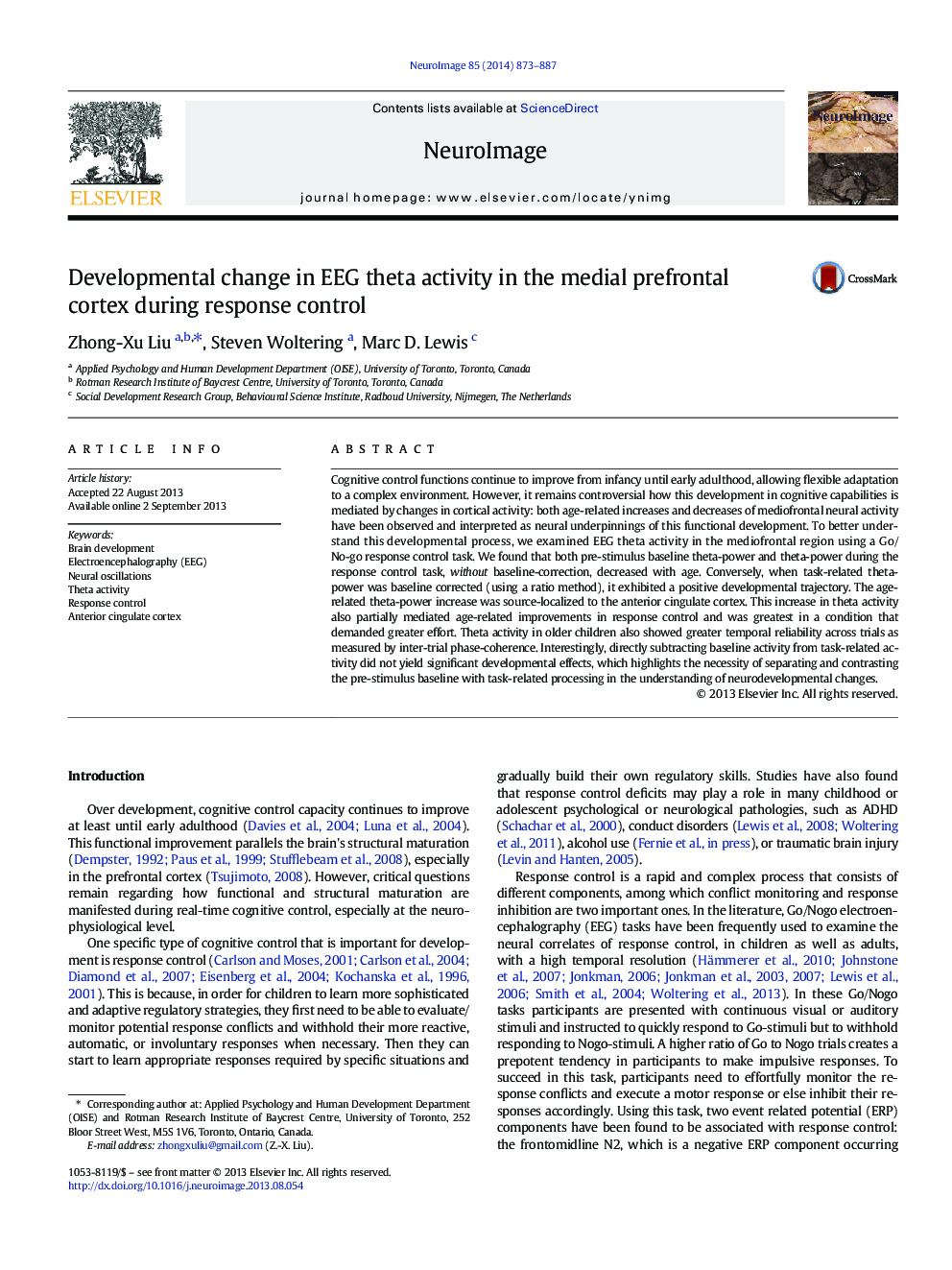 Developmental change in EEG theta activity in the medial prefrontal cortex during response control