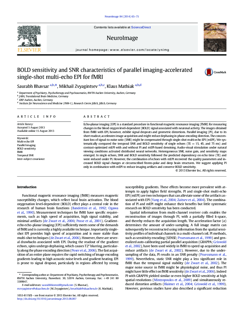 BOLD sensitivity and SNR characteristics of parallel imaging-accelerated single-shot multi-echo EPI for fMRI