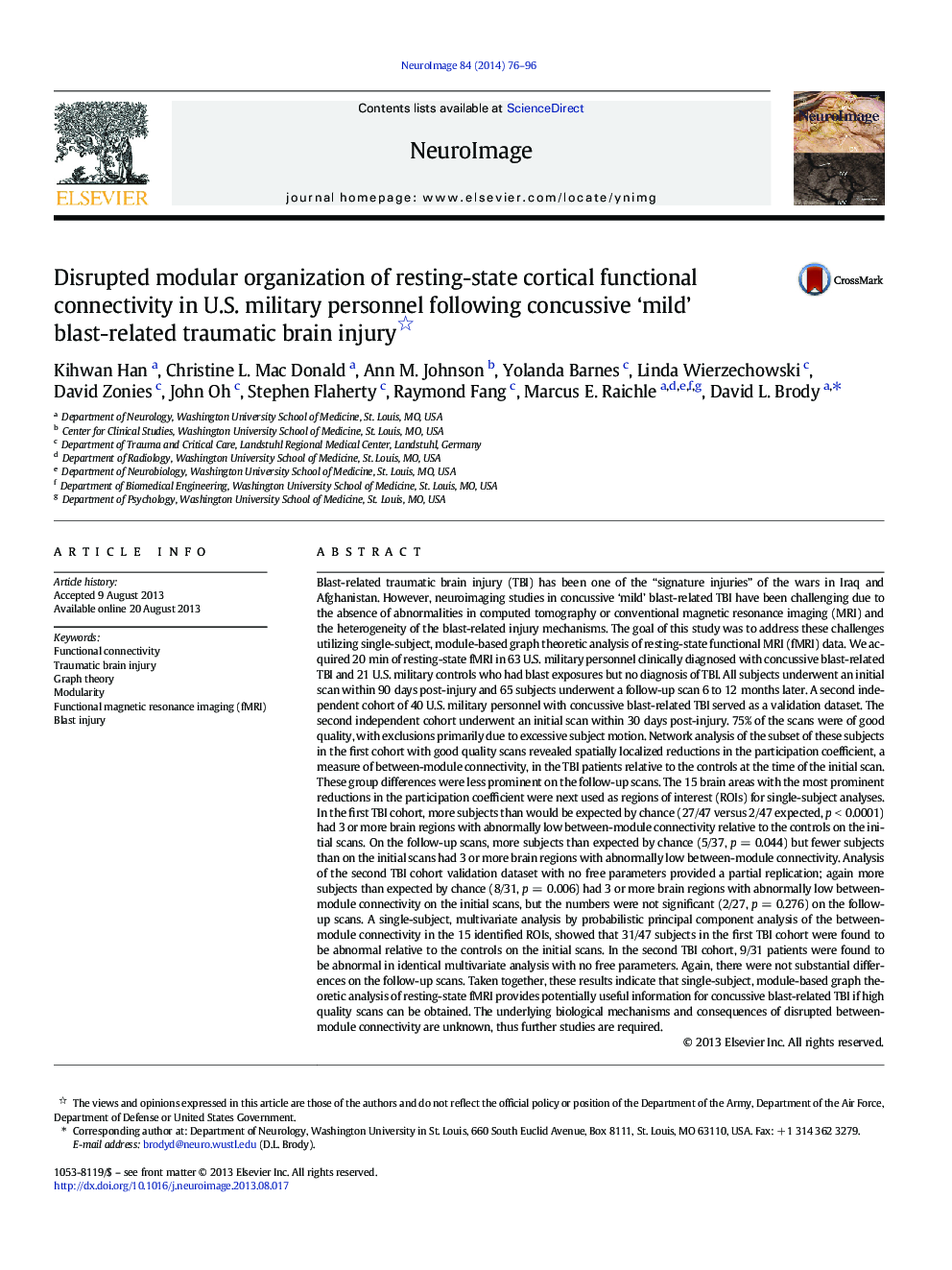 Disrupted modular organization of resting-state cortical functional connectivity in U.S. military personnel following concussive 'mild' blast-related traumatic brain injury