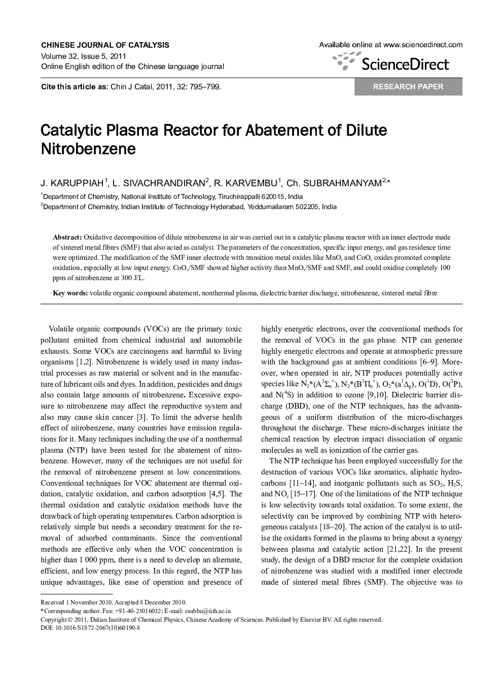 Catalytic Plasma Reactor for Abatement of Dilute Nitrobenzene