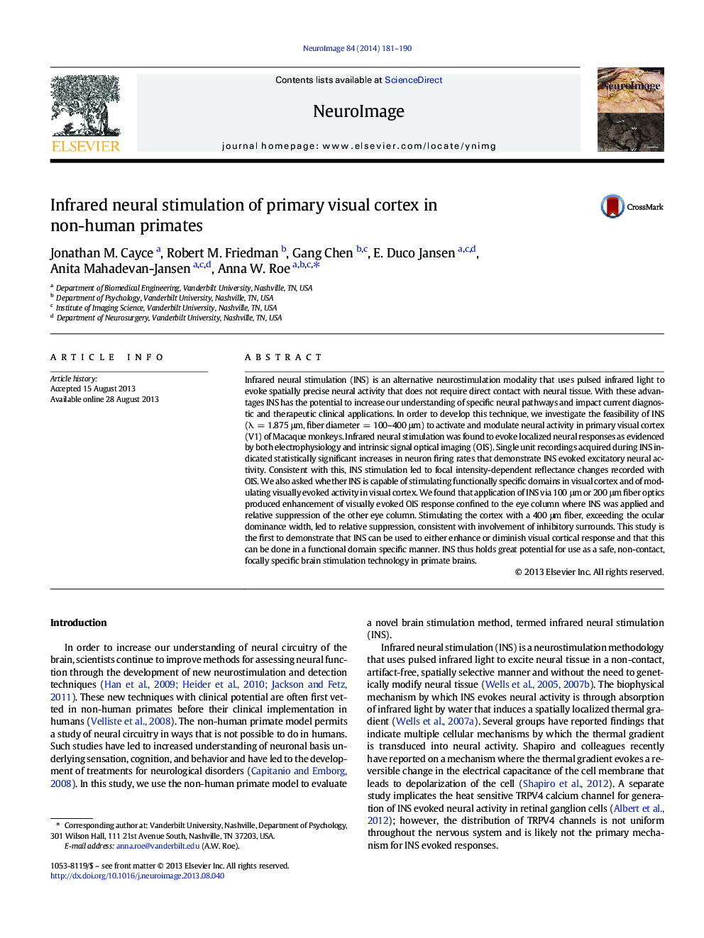 Infrared neural stimulation of primary visual cortex in non-human primates