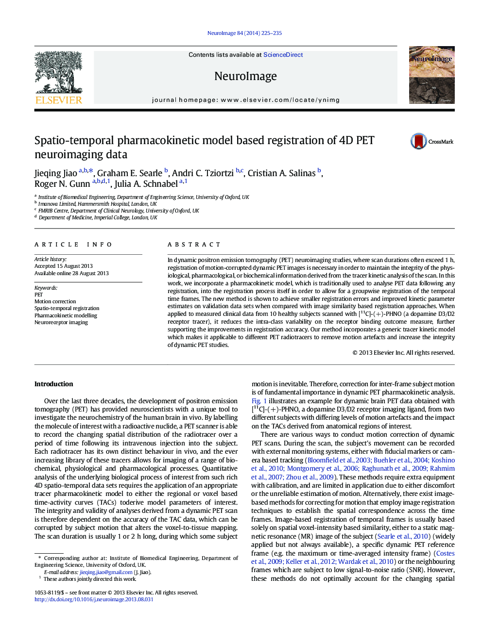 Spatio-temporal pharmacokinetic model based registration of 4D PET neuroimaging data