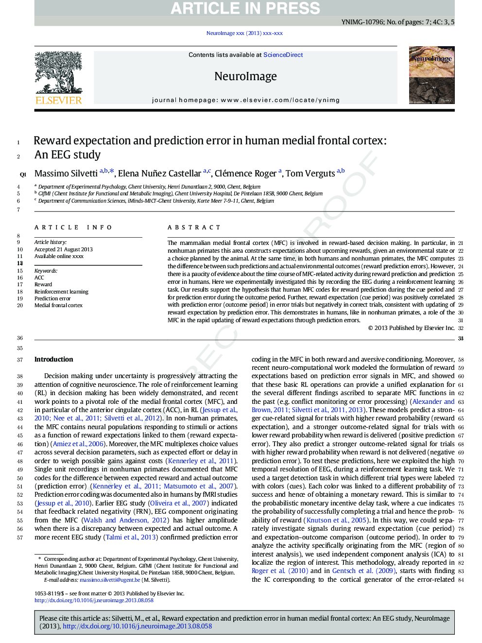 Reward expectation and prediction error in human medial frontal cortex: An EEG study