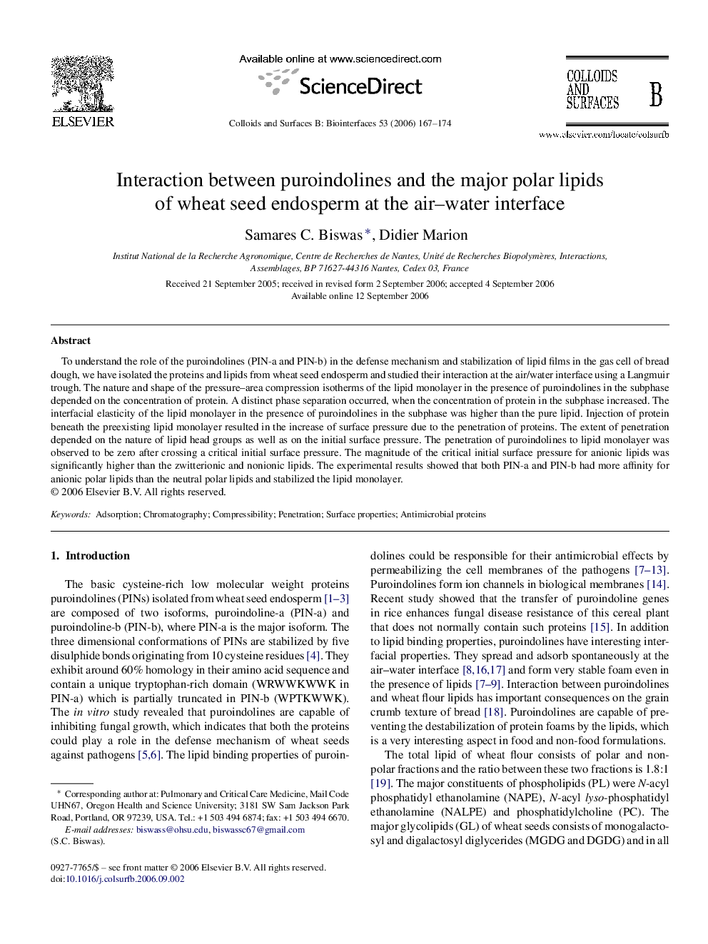 عکس صفحه اول مقاله: Interaction between puroindolines and the major polar lipids of wheat seed endosperm at the air-water interface Interaction between puroindolines and the major polar lipids of wheat seed endosperm at the air-water interface