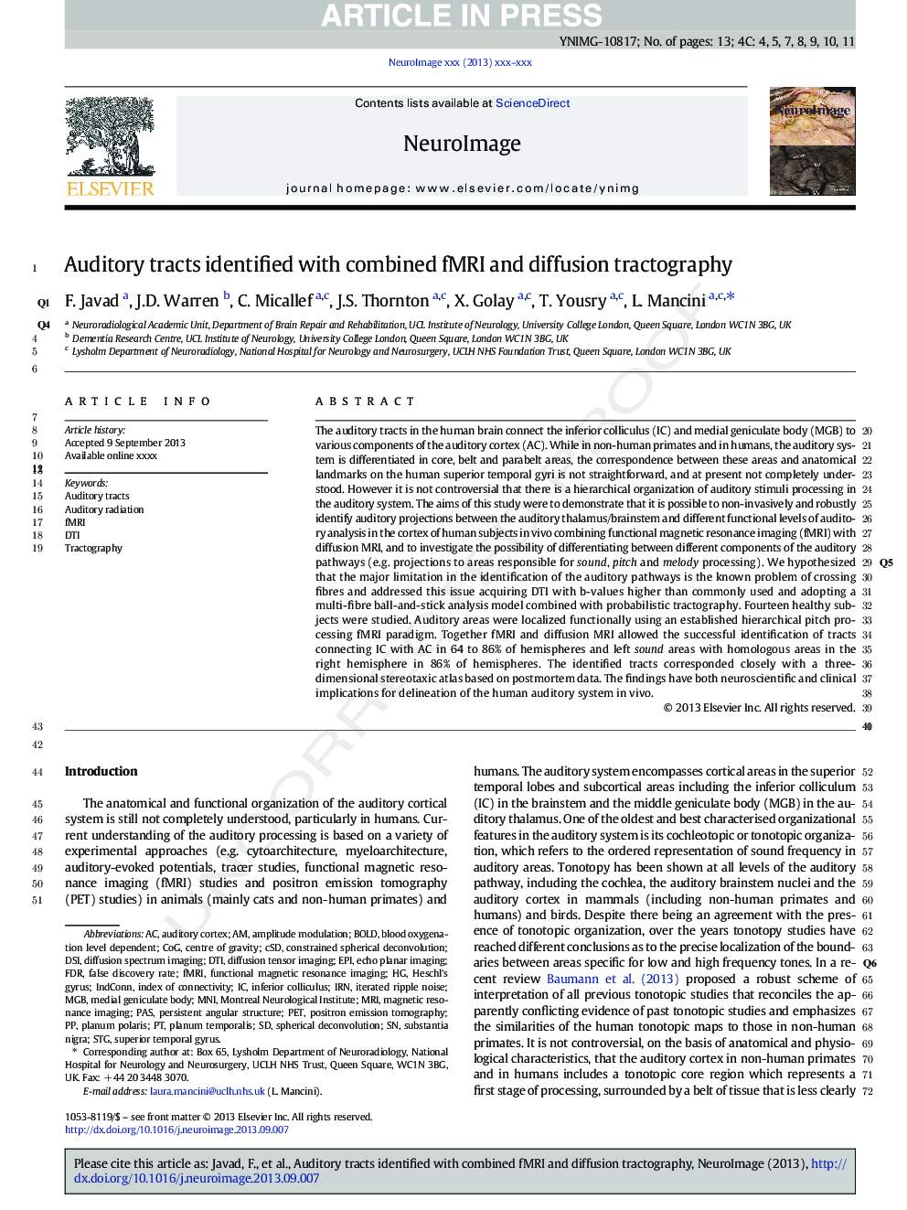 Auditory tracts identified with combined fMRI and diffusion tractography