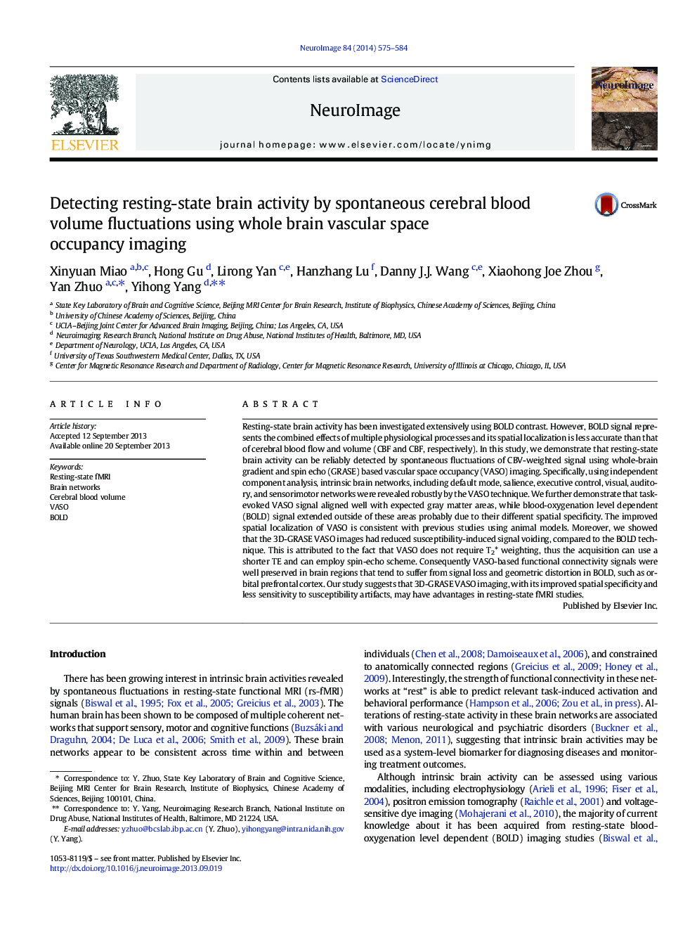 Detecting resting-state brain activity by spontaneous cerebral blood volume fluctuations using whole brain vascular space occupancy imaging