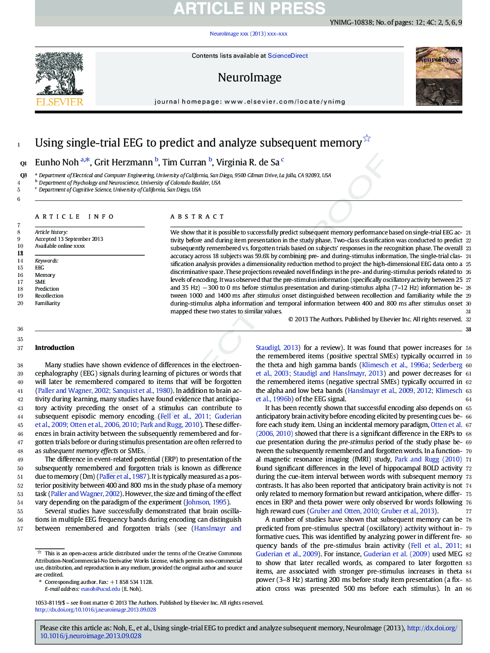 Using single-trial EEG to predict and analyze subsequent memory