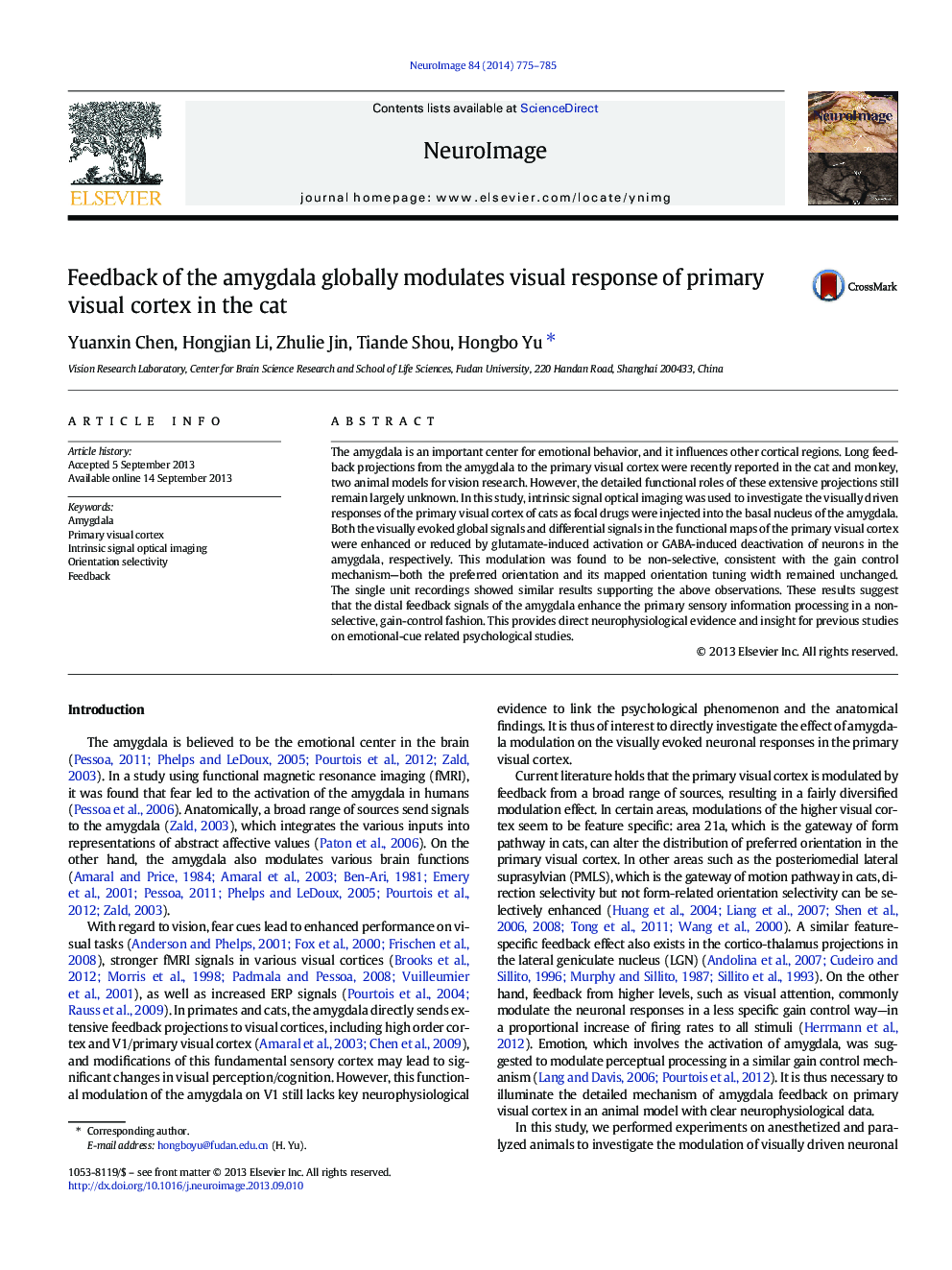 Feedback of the amygdala globally modulates visual response of primary visual cortex in the cat