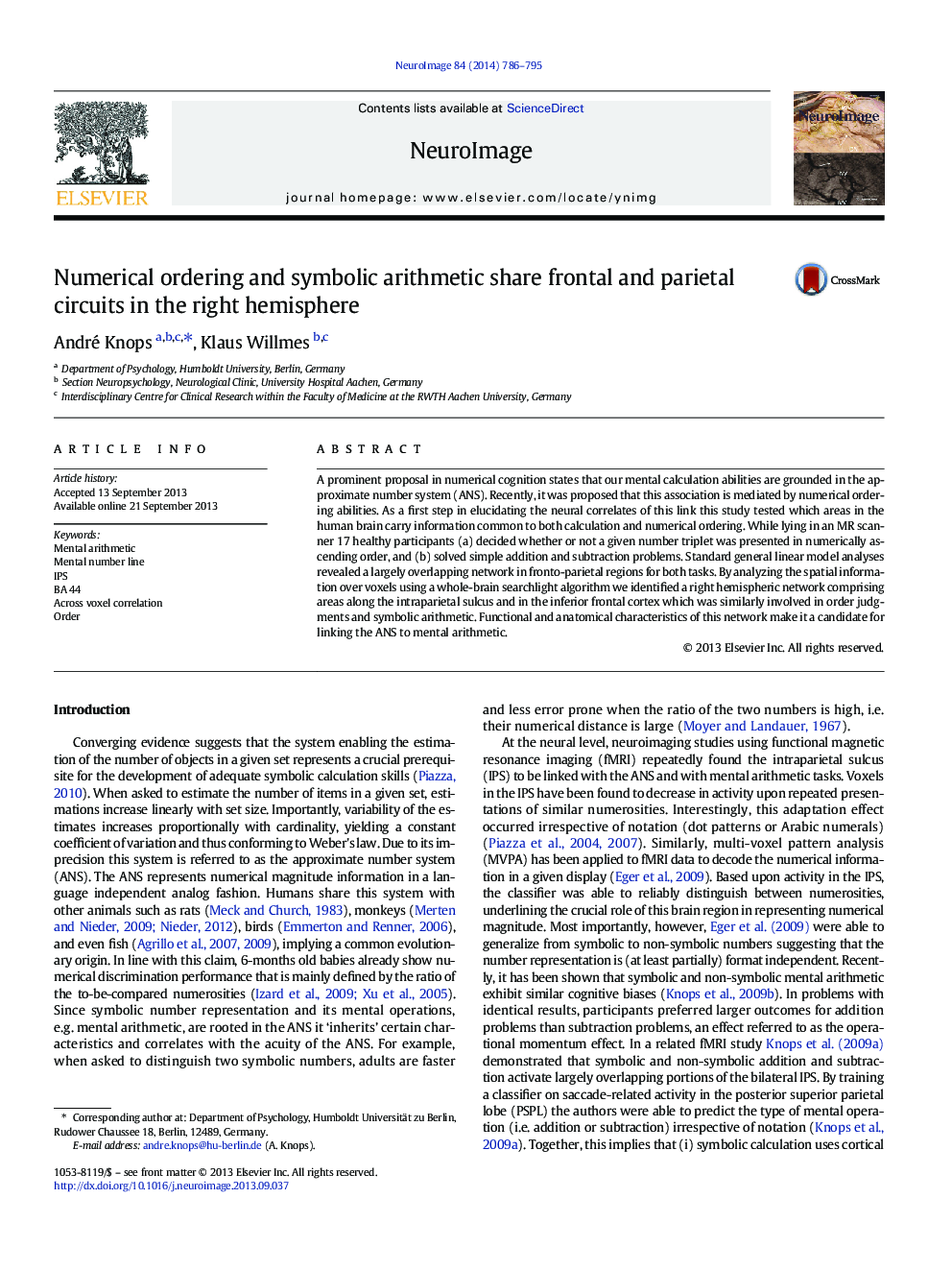 Numerical ordering and symbolic arithmetic share frontal and parietal circuits in the right hemisphere