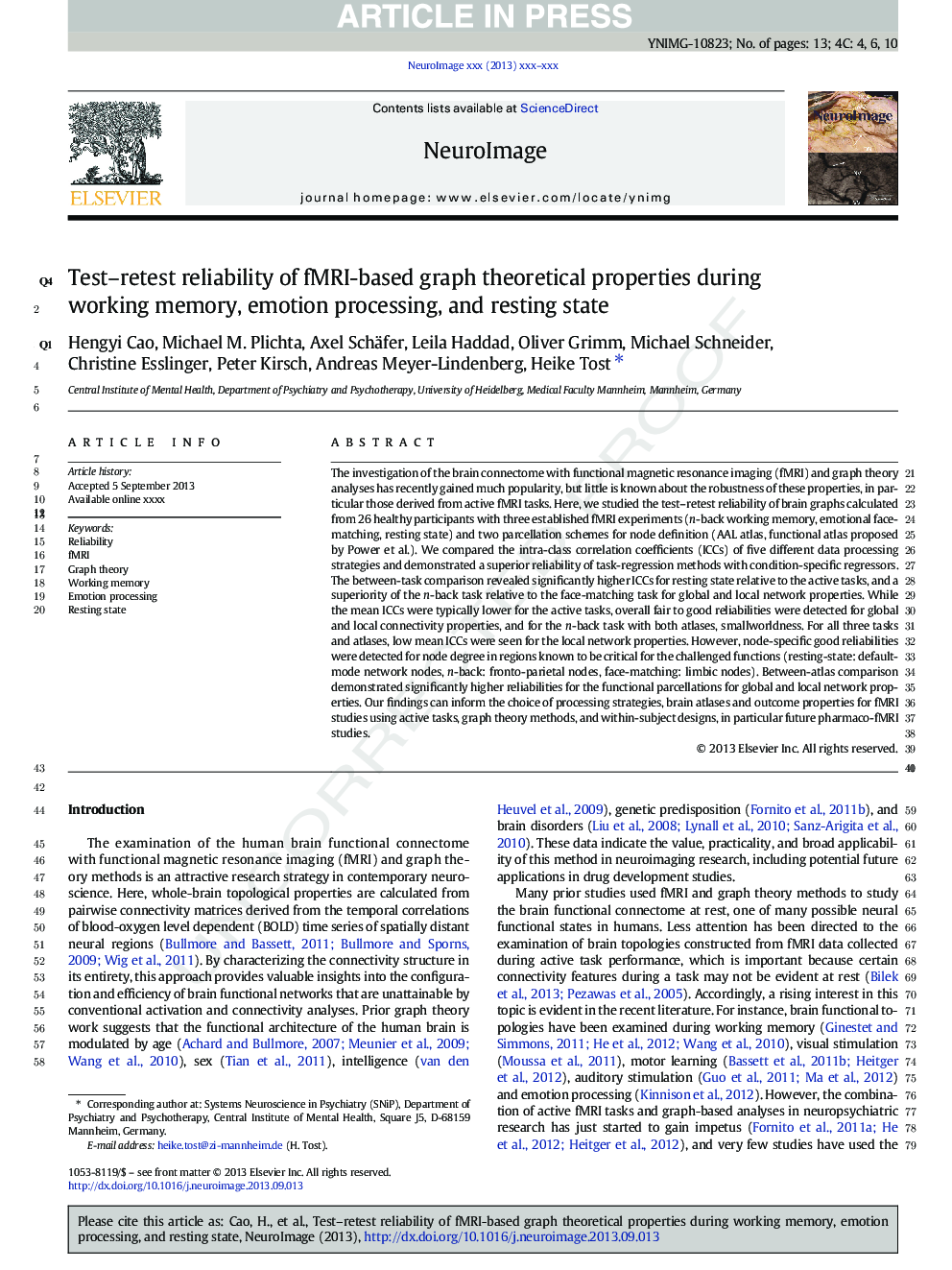 Test-retest reliability of fMRI-based graph theoretical properties during working memory, emotion processing, and resting state