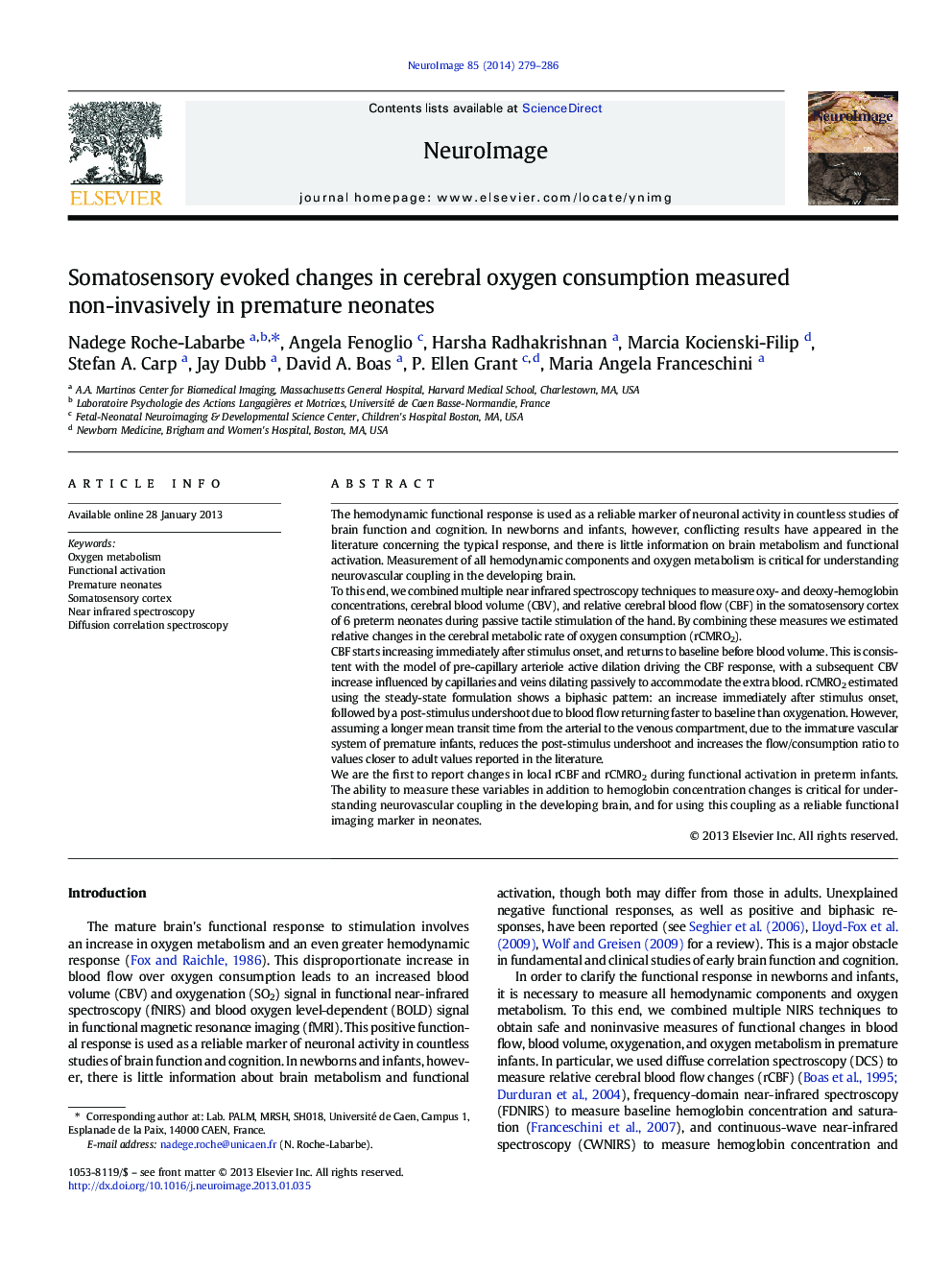 Somatosensory evoked changes in cerebral oxygen consumption measured non-invasively in premature neonates