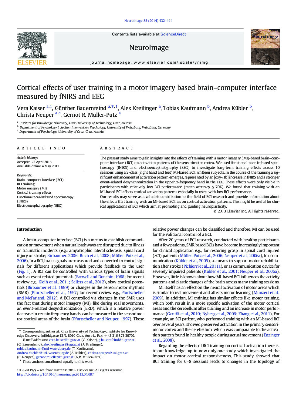 Cortical effects of user training in a motor imagery based brain-computer interface measured by fNIRS and EEG