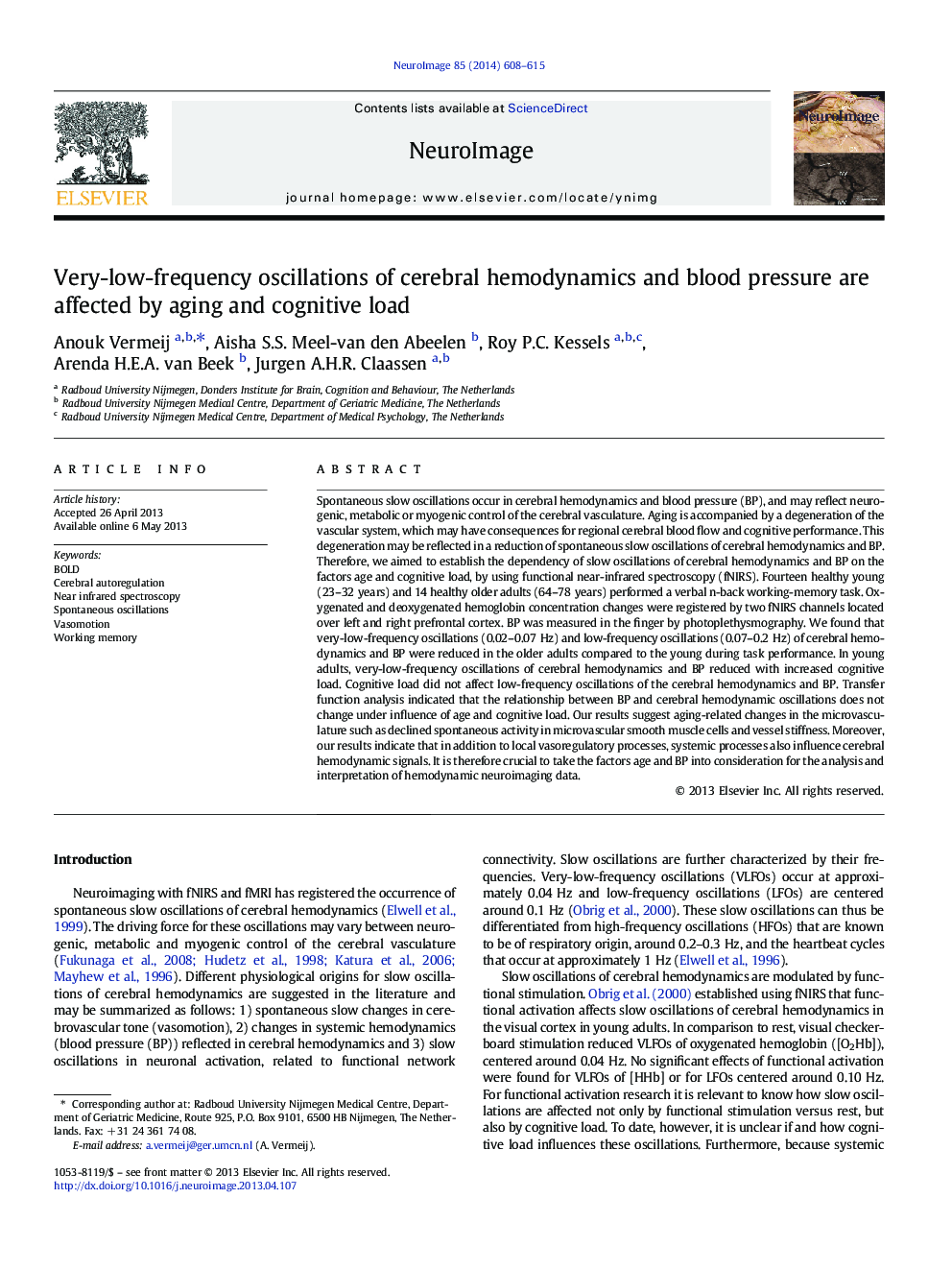 Very-low-frequency oscillations of cerebral hemodynamics and blood pressure are affected by aging and cognitive load