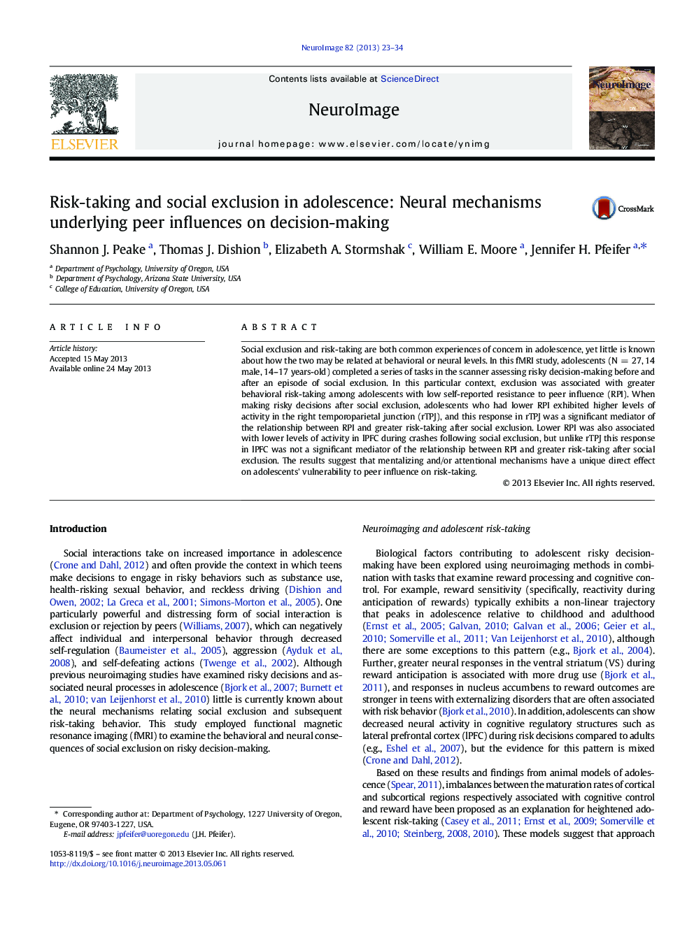 Risk-taking and social exclusion in adolescence: Neural mechanisms underlying peer influences on decision-making