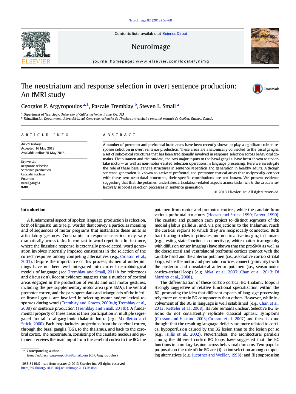 The neostriatum and response selection in overt sentence production: An fMRI study