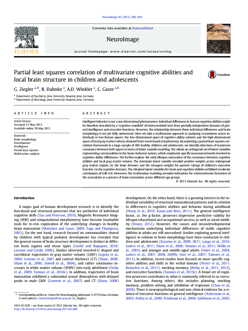 Partial least squares correlation of multivariate cognitive abilities and local brain structure in children and adolescents