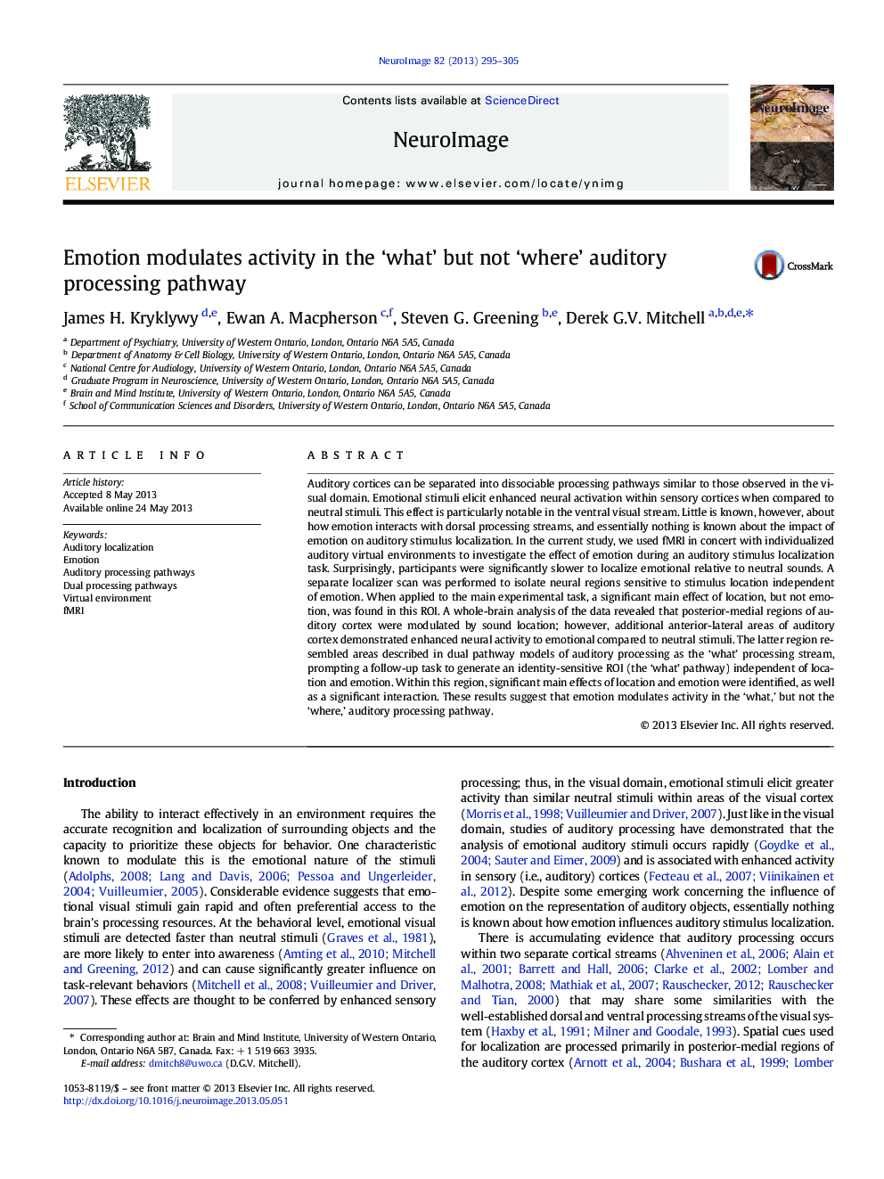 Emotion modulates activity in the 'what' but not 'where' auditory processing pathway