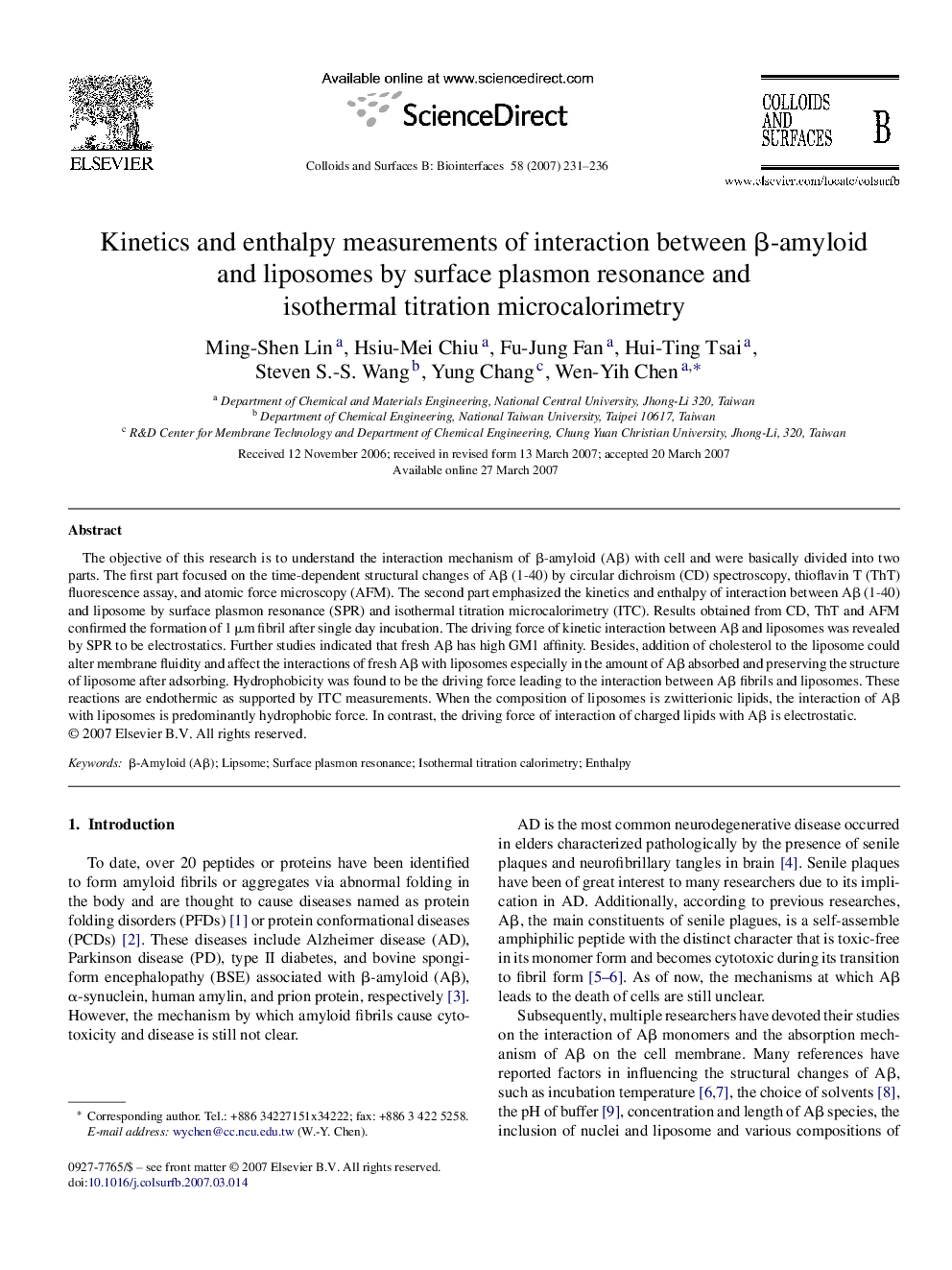 Kinetics and enthalpy measurements of interaction between Î²-amyloid and liposomes by surface plasmon resonance and isothermal titration microcalorimetry