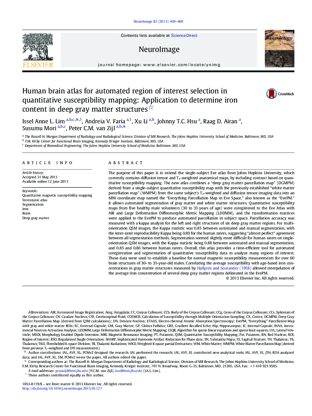 Human brain atlas for automated region of interest selection in quantitative susceptibility mapping: Application to determine iron content in deep gray matter structures