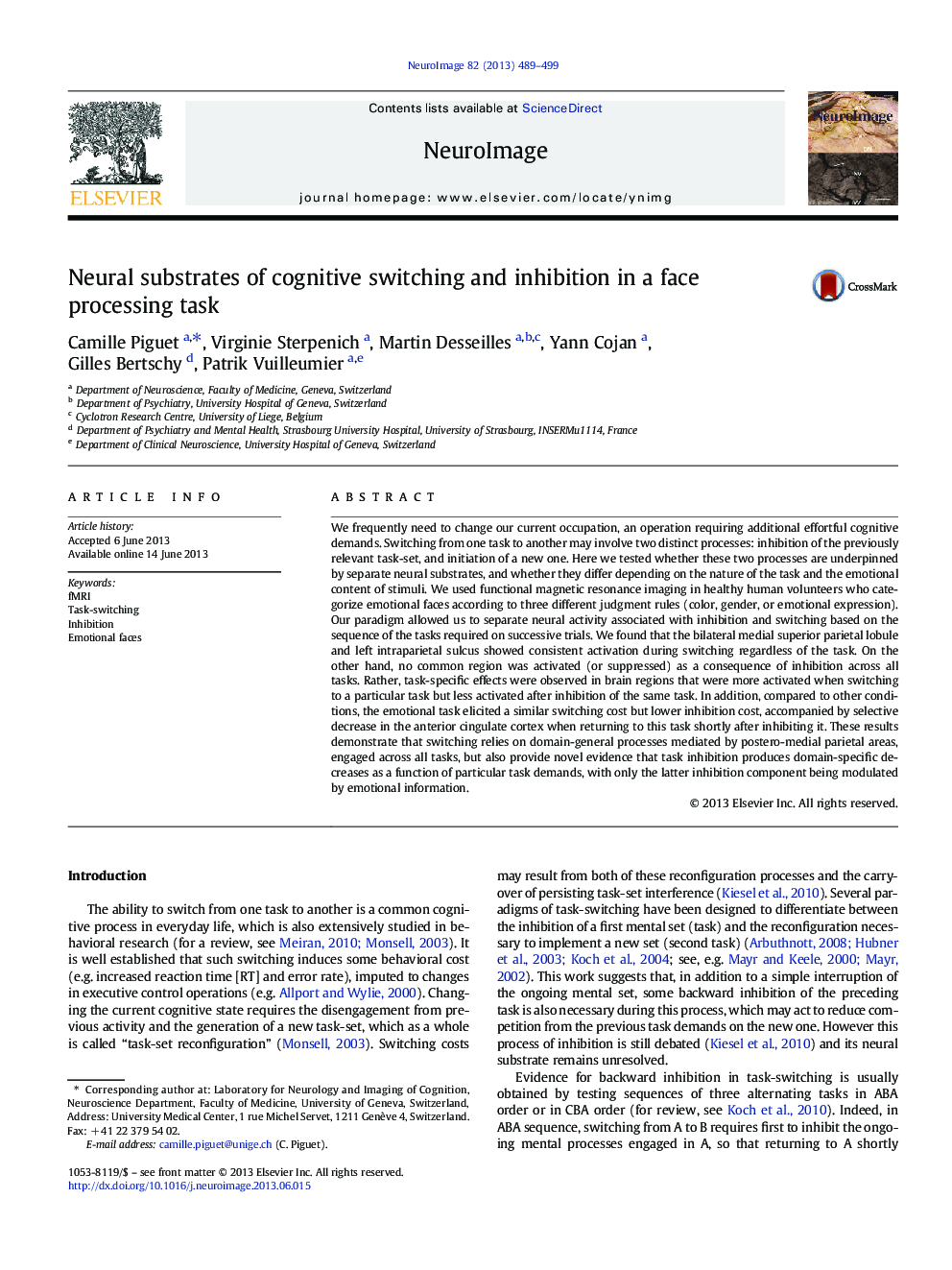 Neural substrates of cognitive switching and inhibition in a face processing task