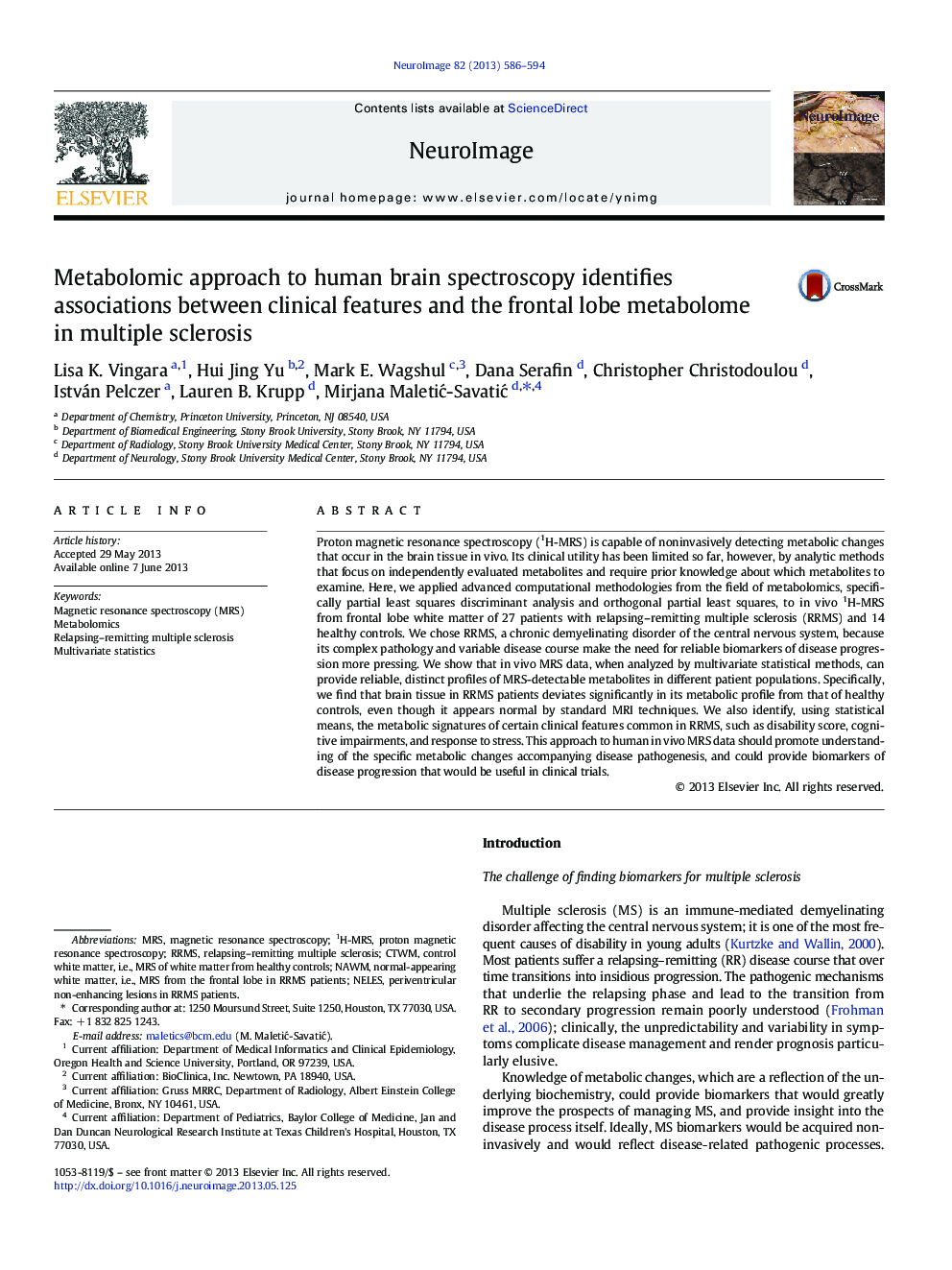 Metabolomic approach to human brain spectroscopy identifies associations between clinical features and the frontal lobe metabolome in multiple sclerosis