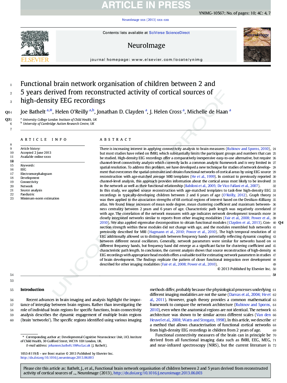 Functional brain network organisation of children between 2 and 5Â years derived from reconstructed activity of cortical sources of high-density EEG recordings