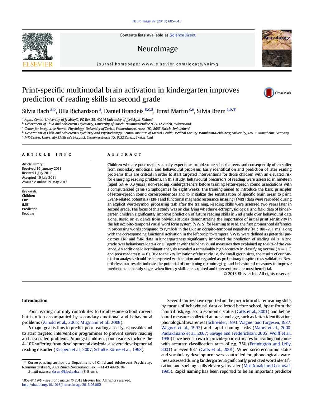 Print-specific multimodal brain activation in kindergarten improves prediction of reading skills in second grade