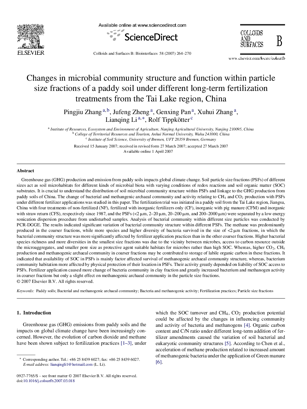 Changes in microbial community structure and function within particle size fractions of a paddy soil under different long-term fertilization treatments from the Tai Lake region, China