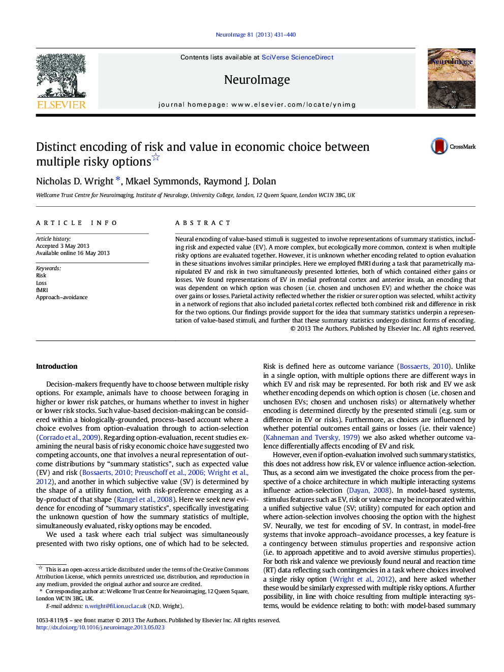 Distinct encoding of risk and value in economic choice between multiple risky options