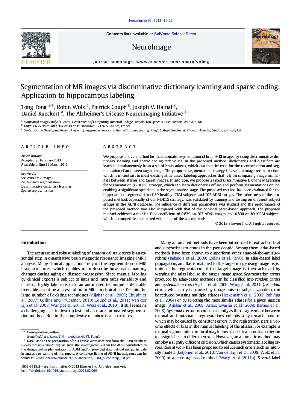 Segmentation of MR images via discriminative dictionary learning and sparse coding: Application to hippocampus labeling