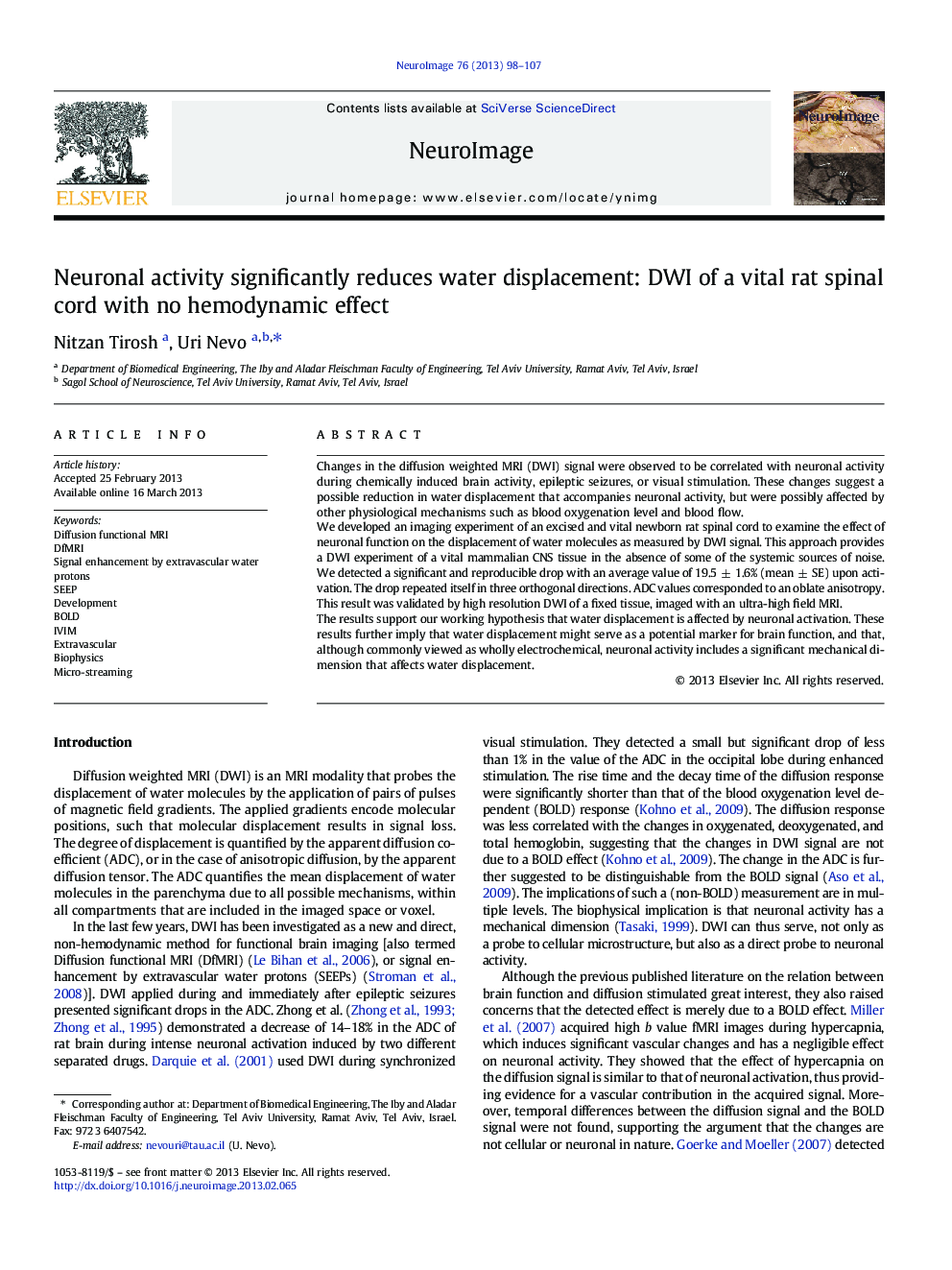عکس صفحه اول مقاله: Neuronal activity significantly reduces water displacement: DWI of a vital rat spinal cord with no hemodynamic effect Neuronal activity significantly reduces water displacement: DWI of a vital rat spinal cord with no hemodynamic effect