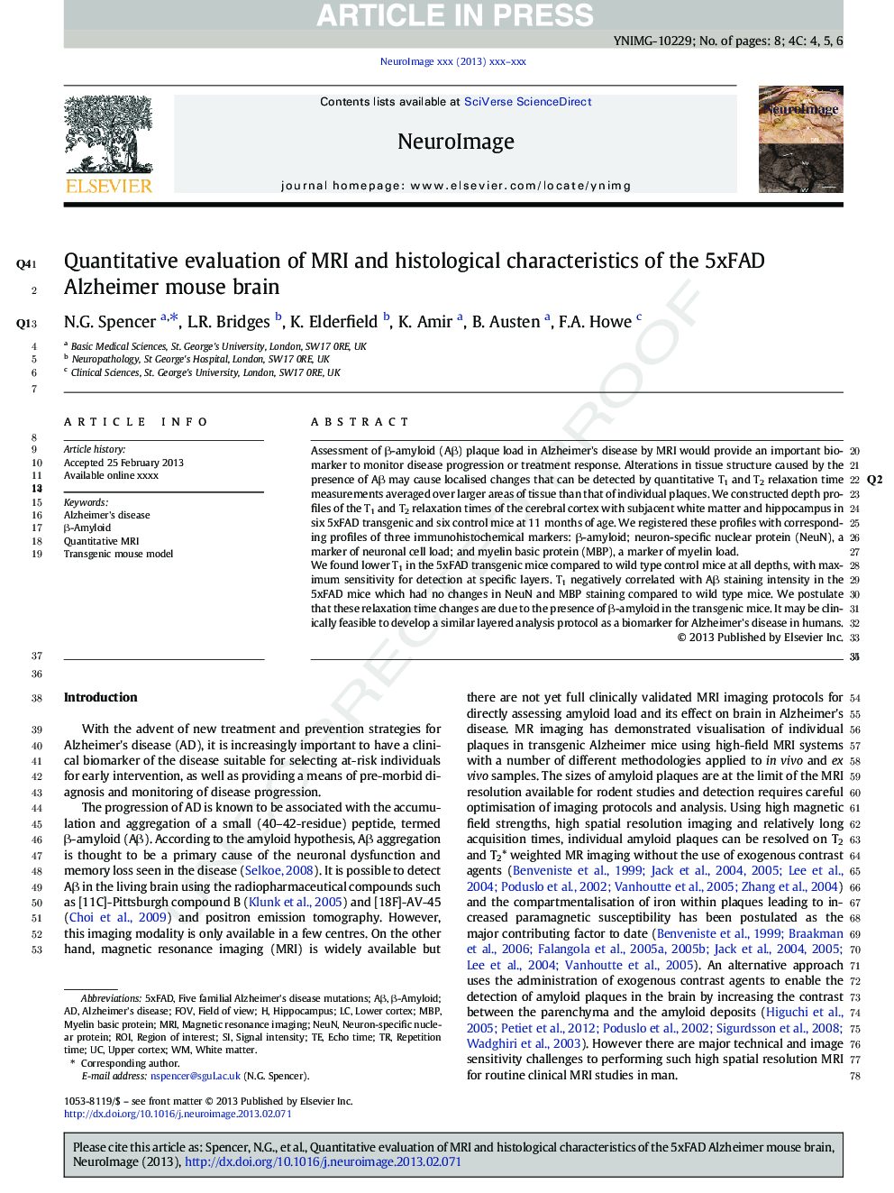 Quantitative evaluation of MRI and histological characteristics of the 5xFAD Alzheimer mouse brain