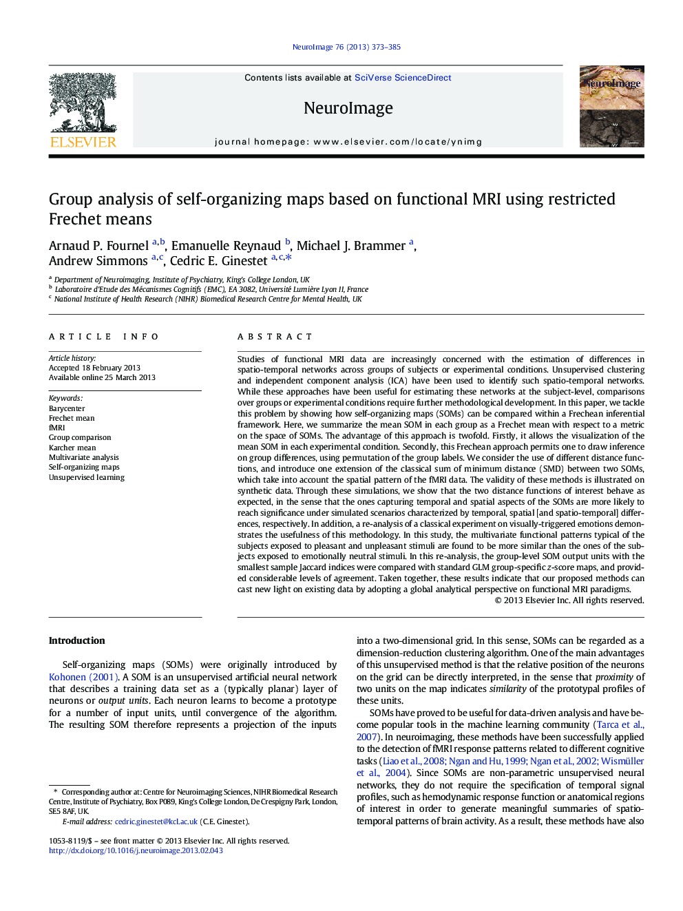 Group analysis of self-organizing maps based on functional MRI using restricted Frechet means