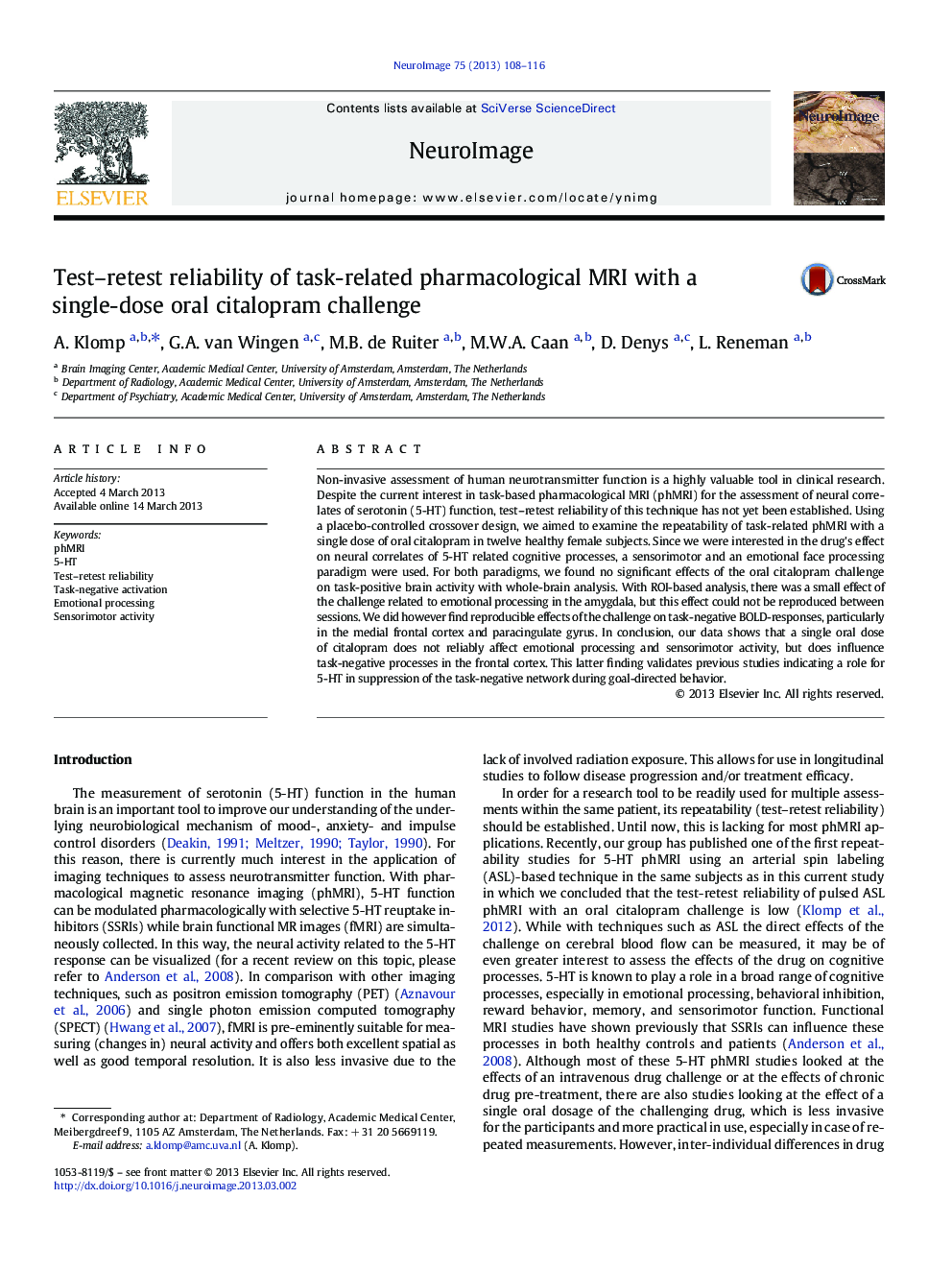 Test-retest reliability of task-related pharmacological MRI with a single-dose oral citalopram challenge