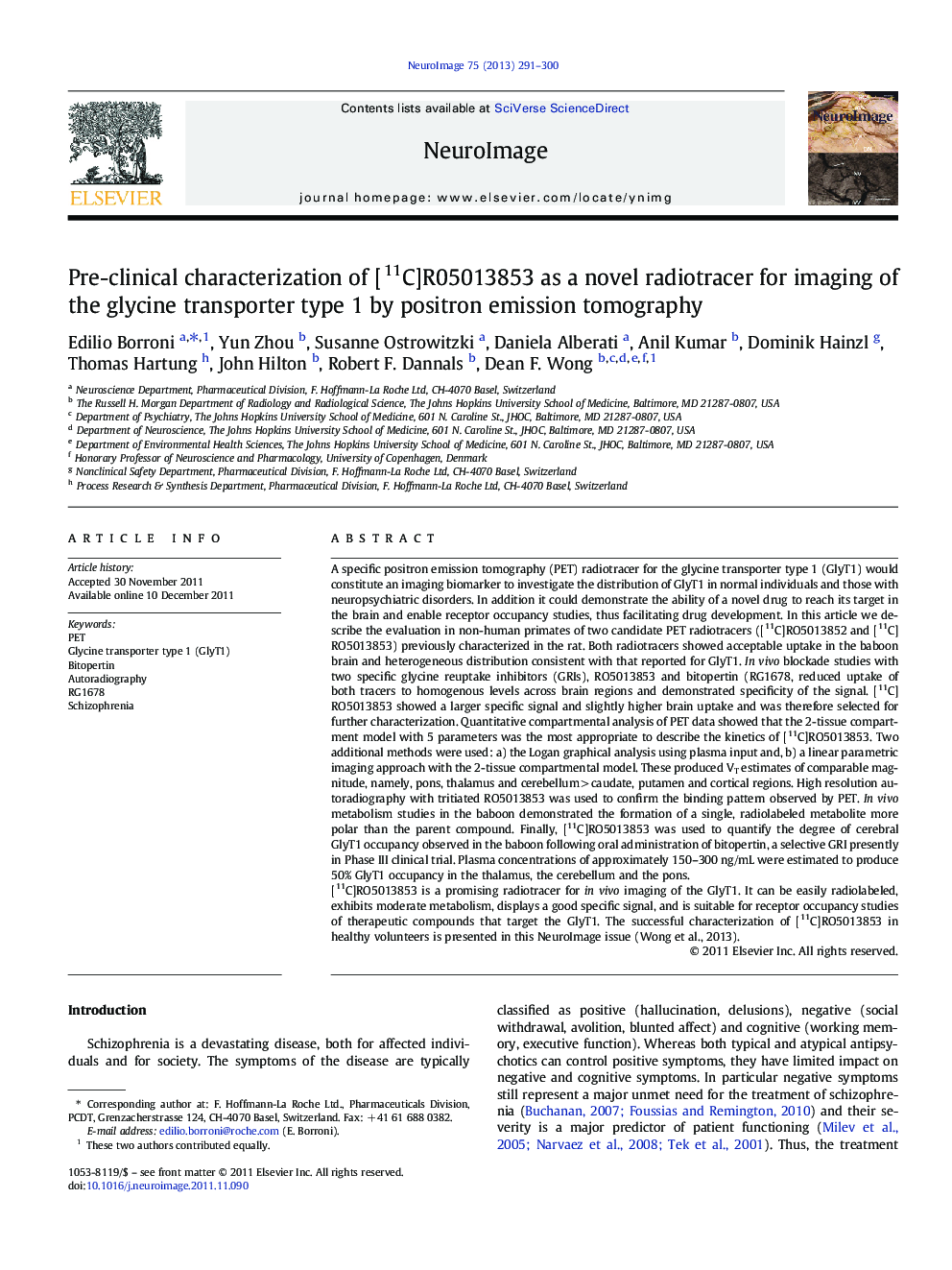 Pre-clinical characterization of [11C]R05013853 as a novel radiotracer for imaging of the glycine transporter type 1 by positron emission tomography