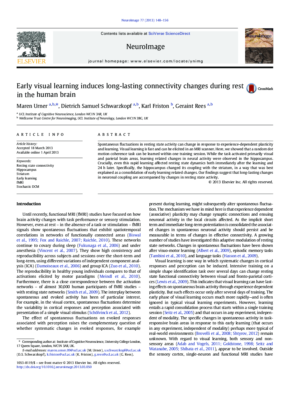 Early visual learning induces long-lasting connectivity changes during rest in the human brain