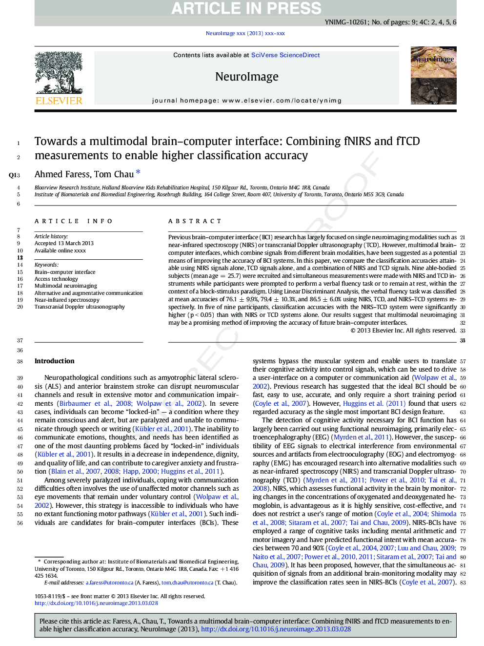 Towards a multimodal brain-computer interface: Combining fNIRS and fTCD measurements to enable higher classification accuracy