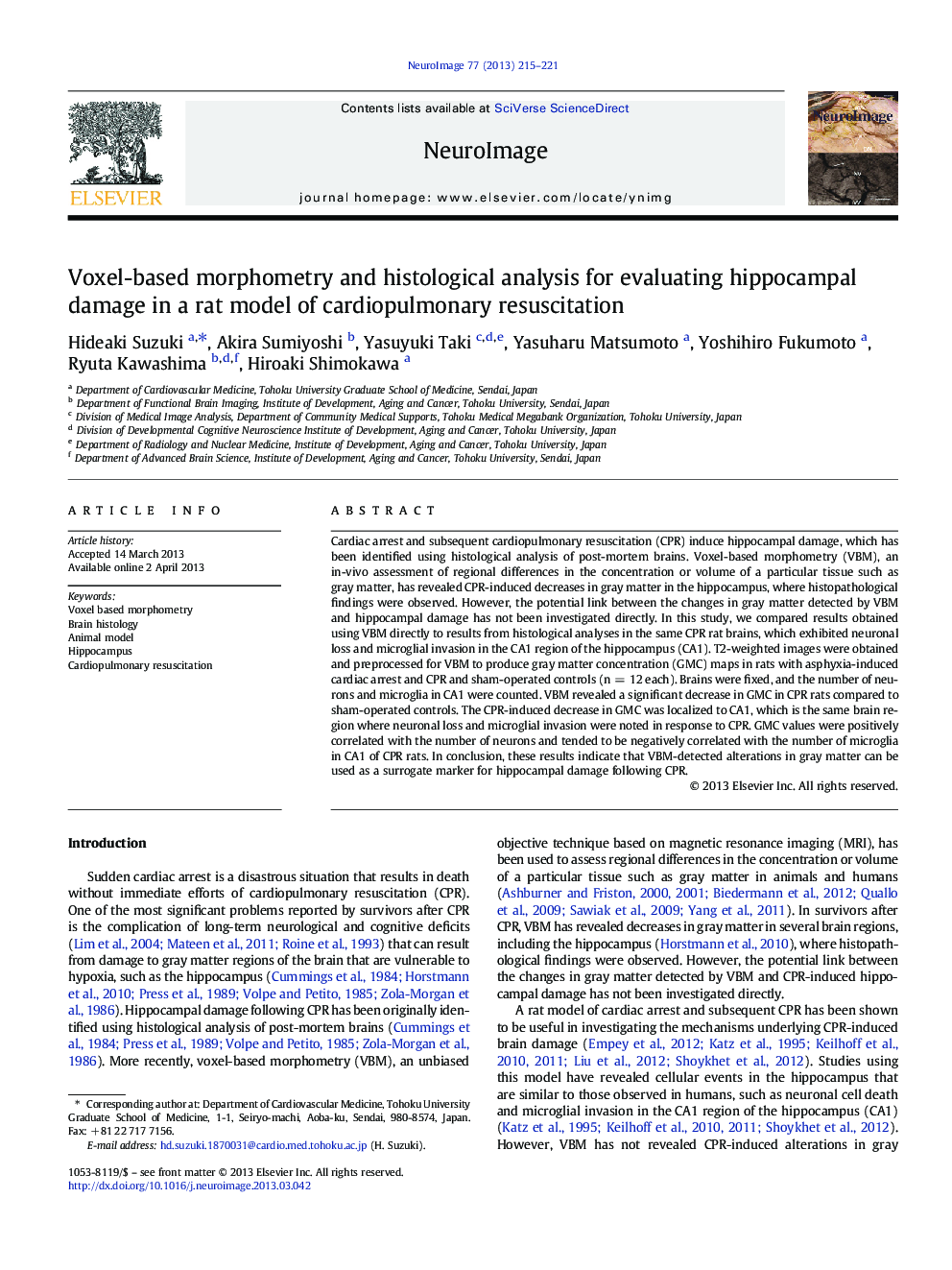 Voxel-based morphometry and histological analysis for evaluating hippocampal damage in a rat model of cardiopulmonary resuscitation