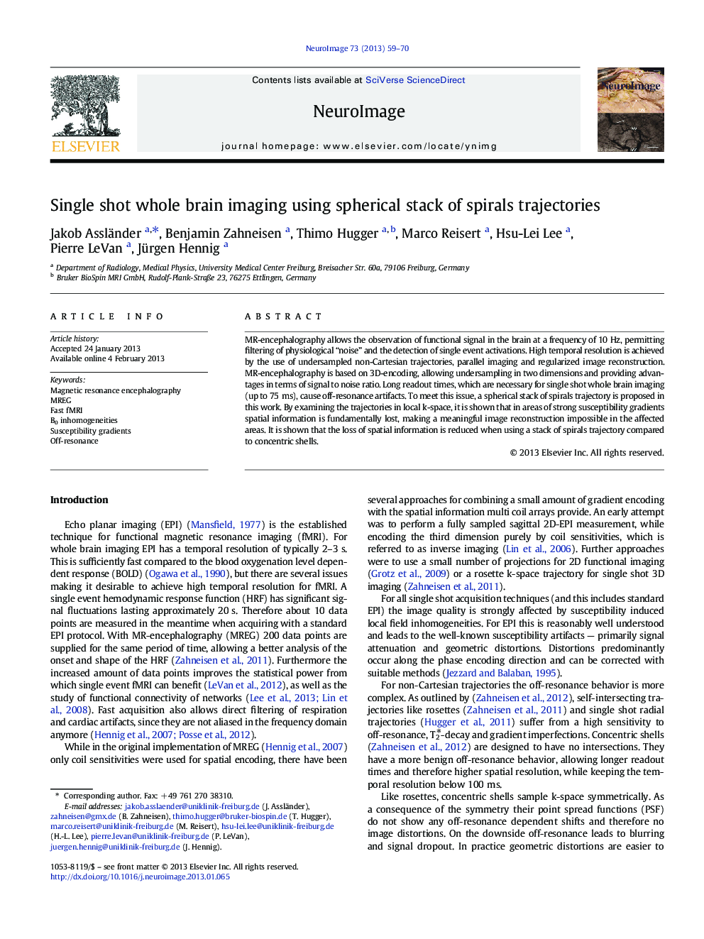 Single shot whole brain imaging using spherical stack of spirals trajectories