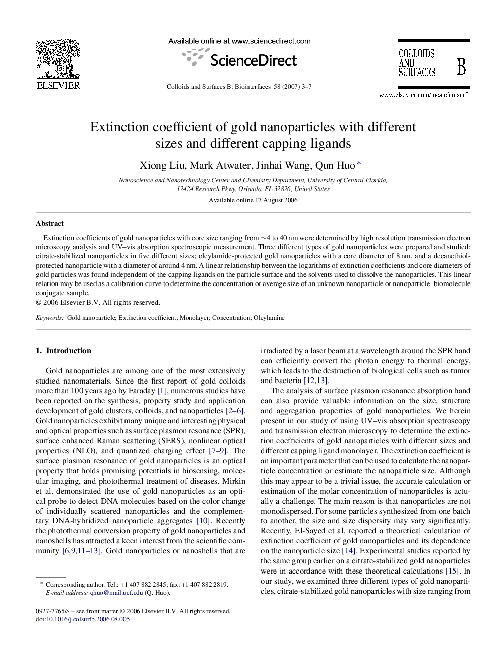عکس صفحه اول مقاله: Extinction coefficient of gold nanoparticles with different sizes and different capping ligands Extinction coefficient of gold nanoparticles with different sizes and different capping ligands