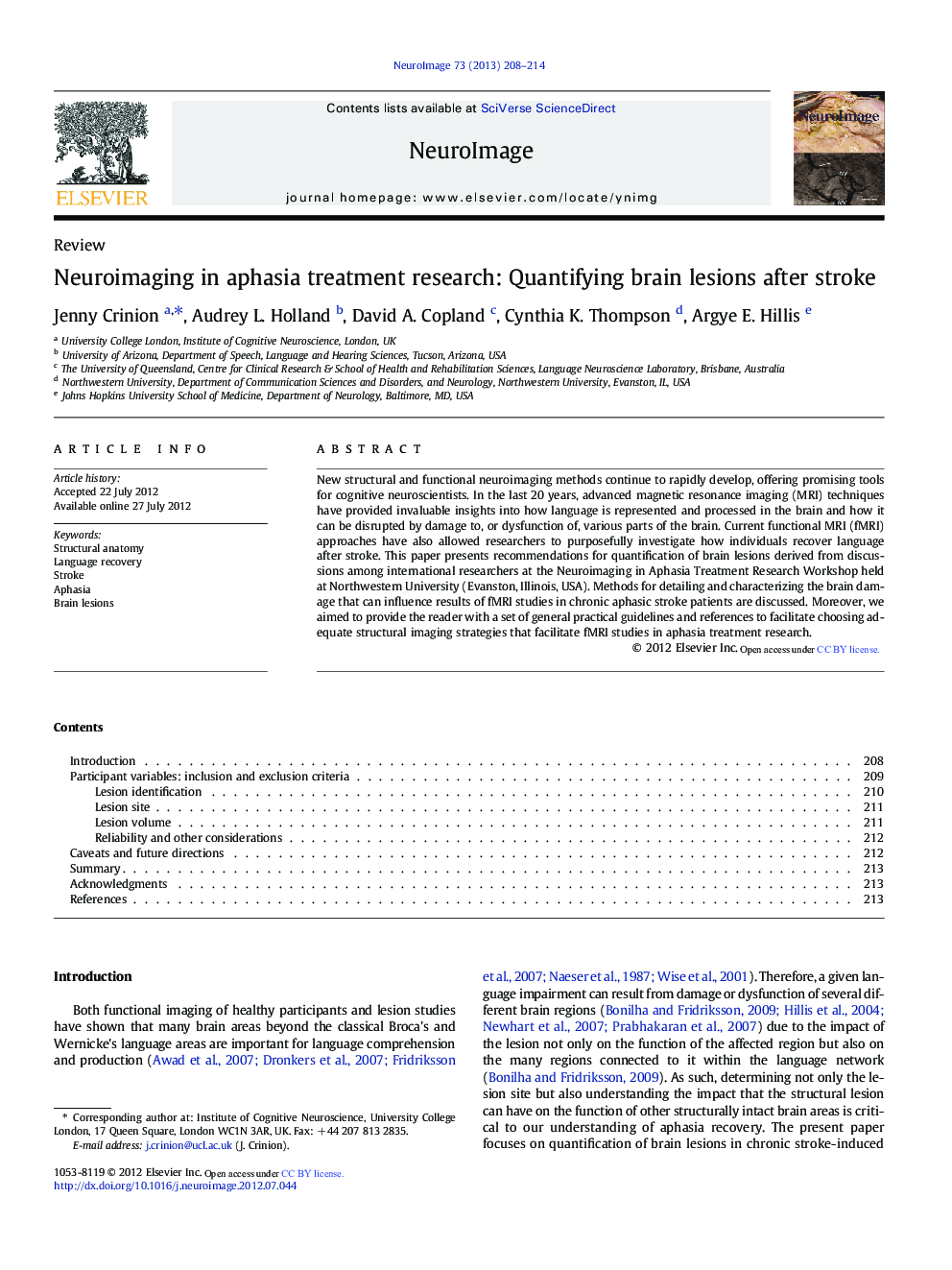 ReviewNeuroimaging in aphasia treatment research: Quantifying brain lesions after stroke