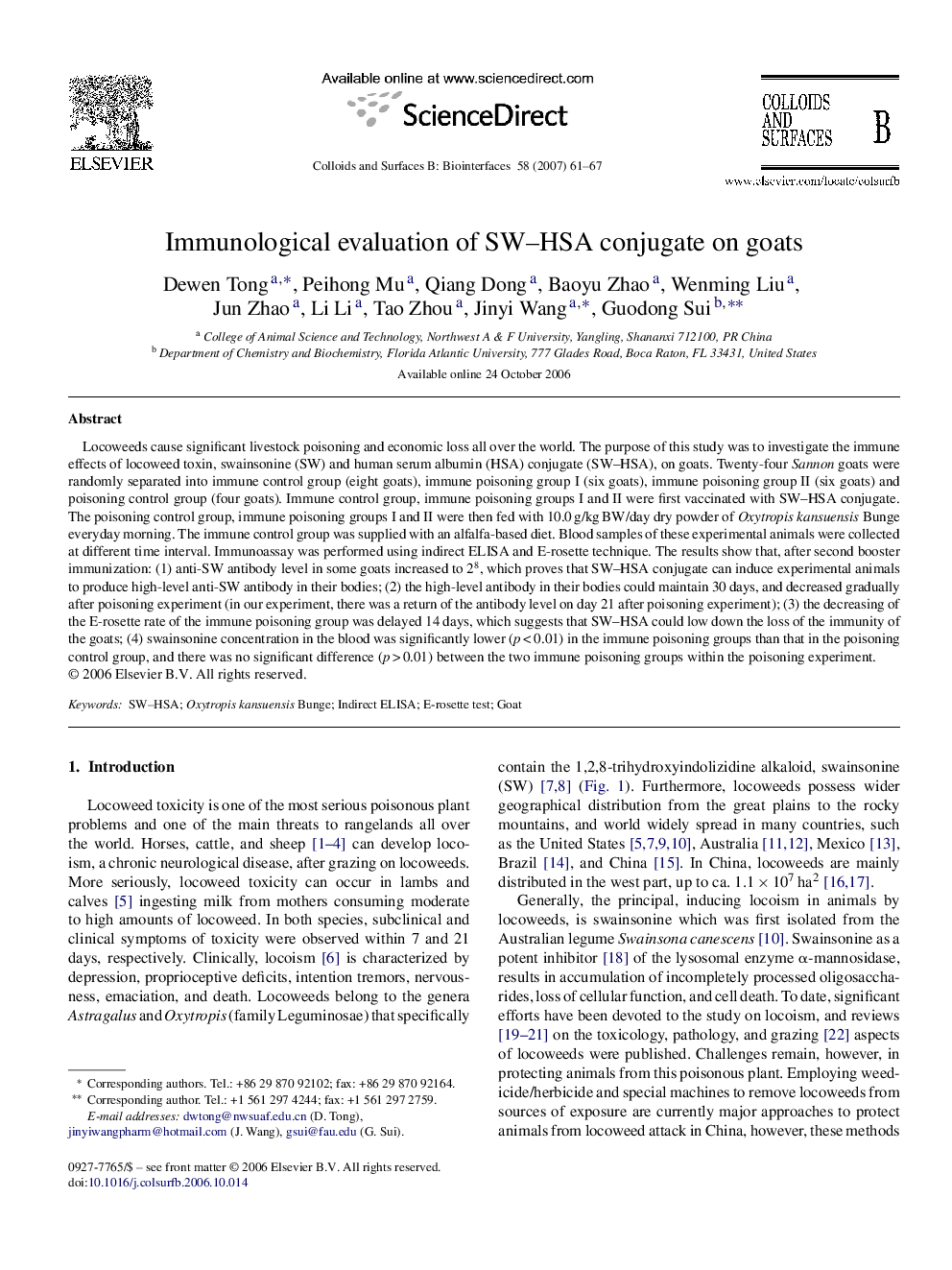 Immunological evaluation of SW–HSA conjugate on goats