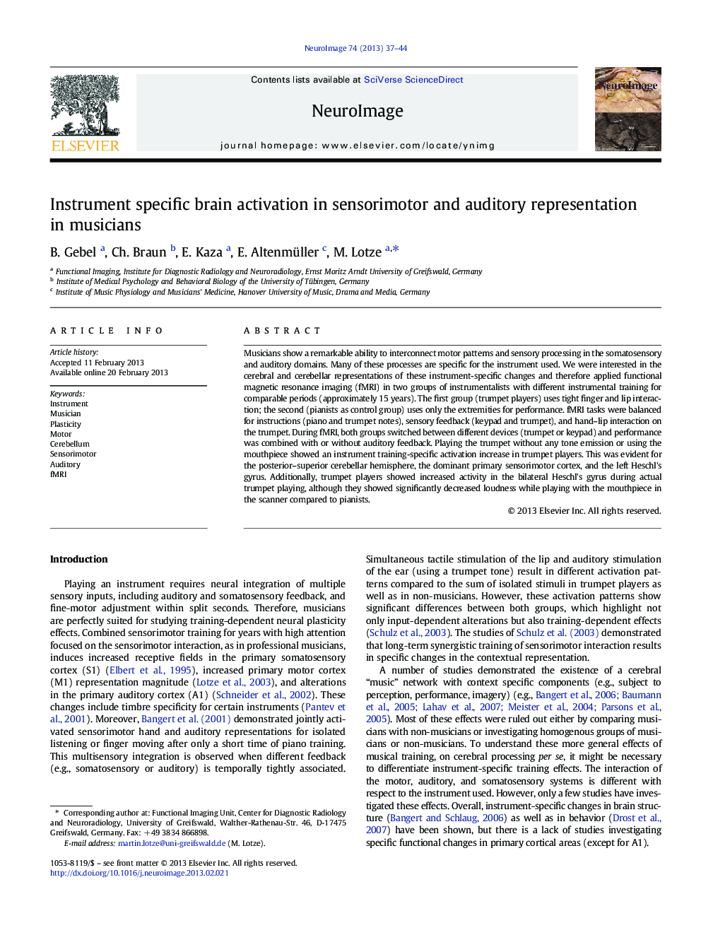 Instrument specific brain activation in sensorimotor and auditory representation in musicians