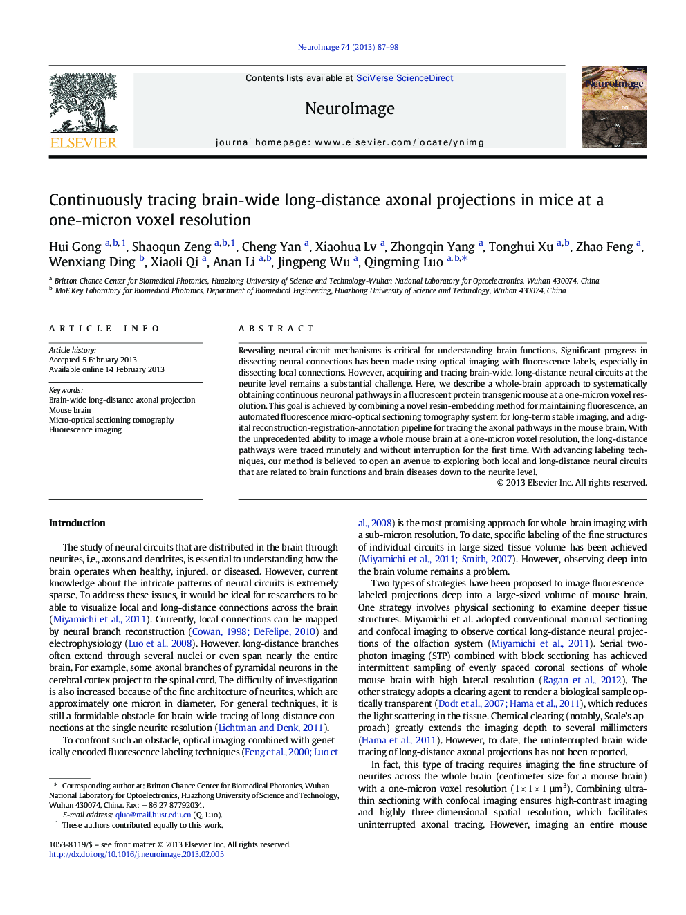 Continuously tracing brain-wide long-distance axonal projections in mice at a one-micron voxel resolution