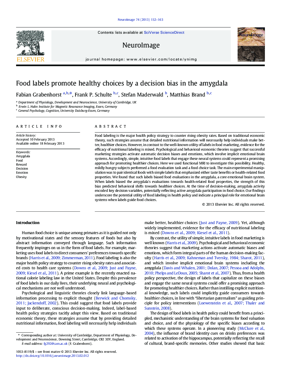 Food labels promote healthy choices by a decision bias in the amygdala