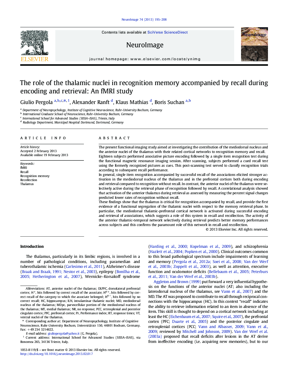 The role of the thalamic nuclei in recognition memory accompanied by recall during encoding and retrieval: An fMRI study