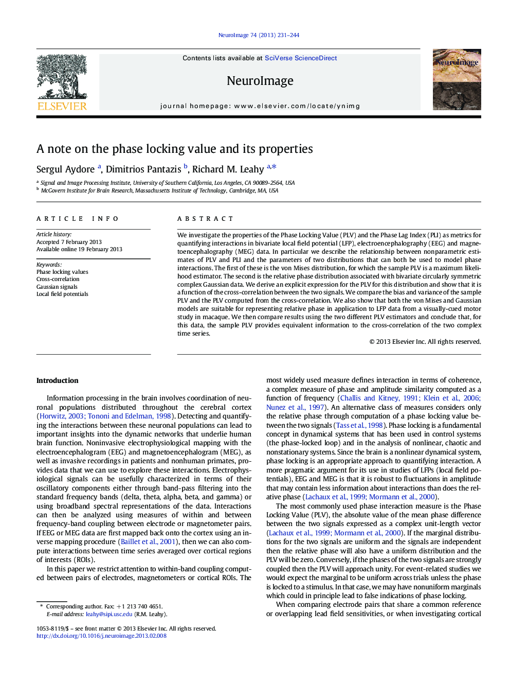 A note on the phase locking value and its properties