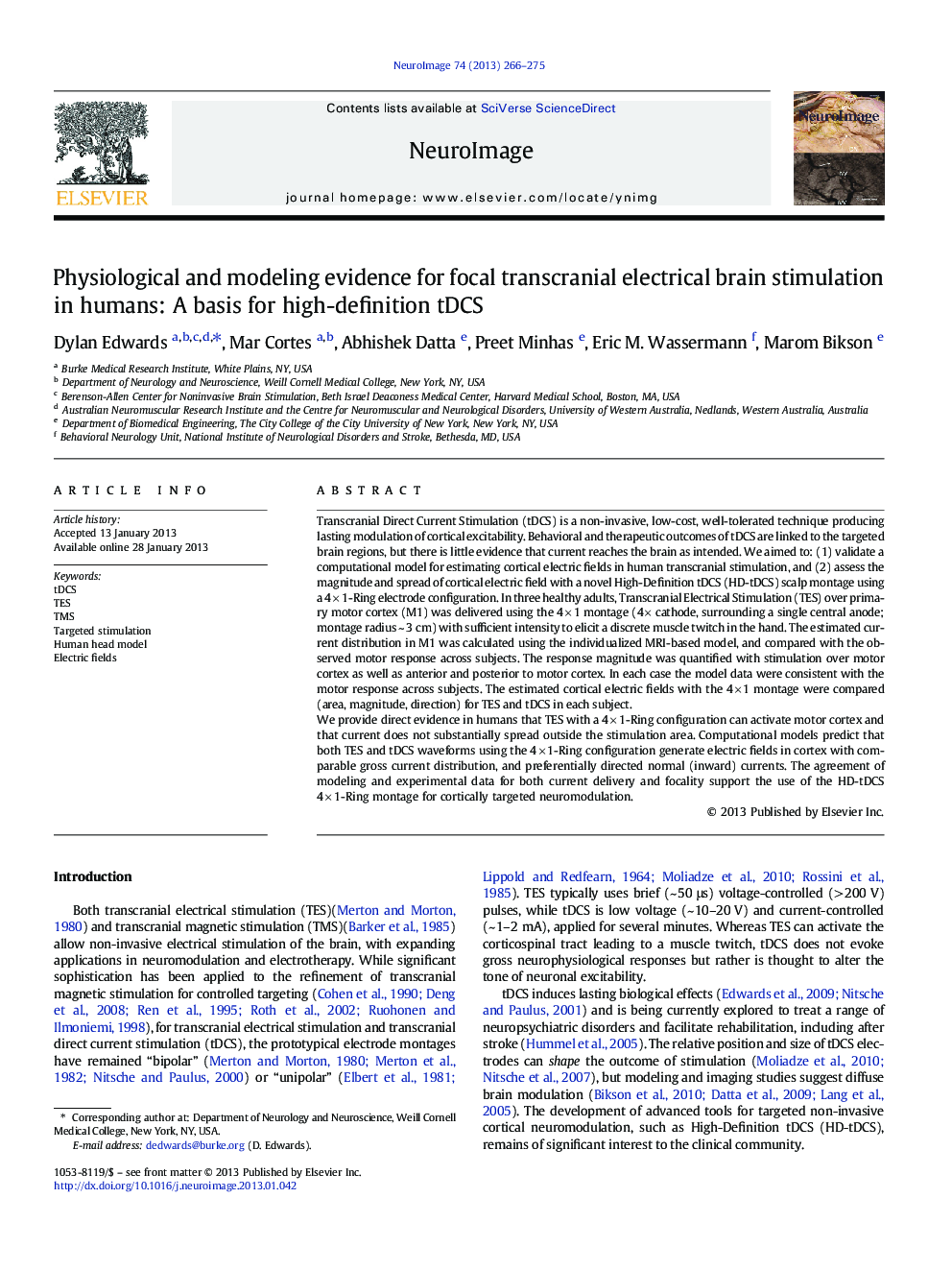 Physiological and modeling evidence for focal transcranial electrical brain stimulation in humans: A basis for high-definition tDCS