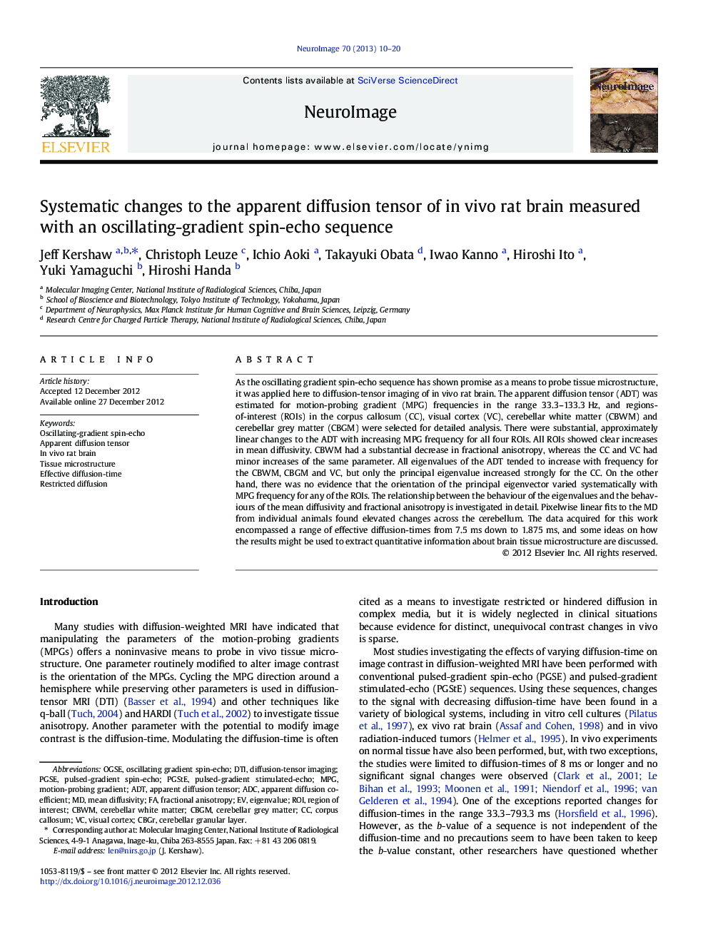 Systematic changes to the apparent diffusion tensor of in vivo rat brain measured with an oscillating-gradient spin-echo sequence